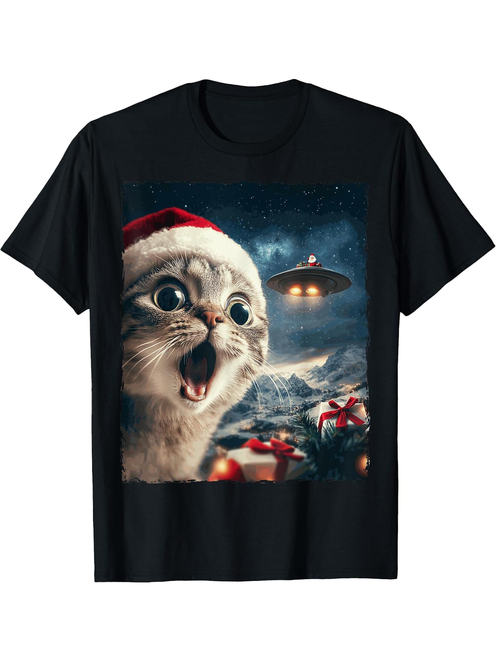 Funny Cat Selfie Santa Ufo Xmas Christmas T-Shirt 180G 100% Cotton Printed Round Neck Short-Sleeve T-Shirt, Gifts for Men Dad Husband Grandpa, S-XXXL, Black