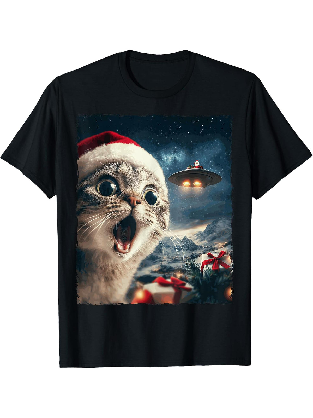 Funny Cat Selfie Santa Ufo Xmas Christmas T-Shirt 180G 100% Cotton Printed Round Neck Short-Sleeve T-Shirt, Gifts for Men Dad Husband Grandpa, S-XXXL, Black
