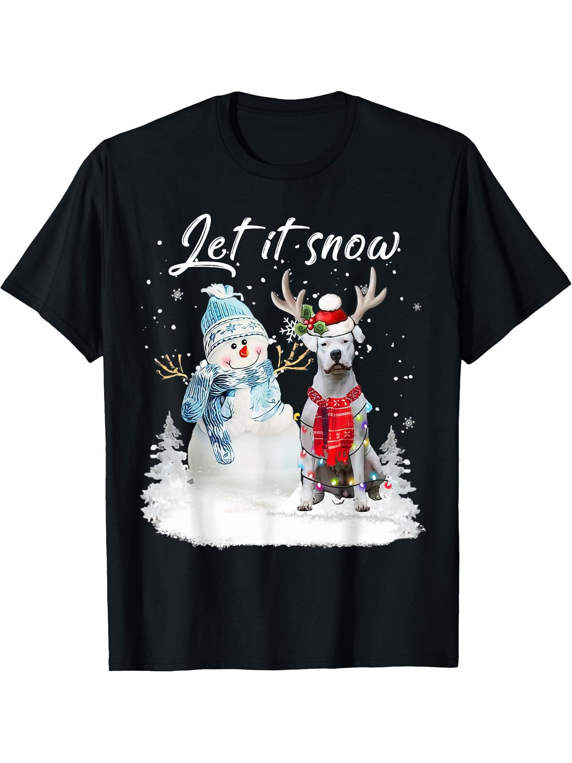 Dogo Argentino Santa Dog Christmas Snowman Xmas Pajama T-Shirt 180G 100% Cotton Printed Round Neck Short-Sleeve T-Shirt, Gifts for Men Dad Husband Grandpa, S-XXXL, Black