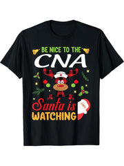Be Nice To The CNA This Christmas Santa Claus Is Watching T-Shirt 180G 100% Cotton Printed Round Neck Short-Sleeve T-Shirt, Gifts for Men Dad Husband Grandpa, S-XXXL, Black