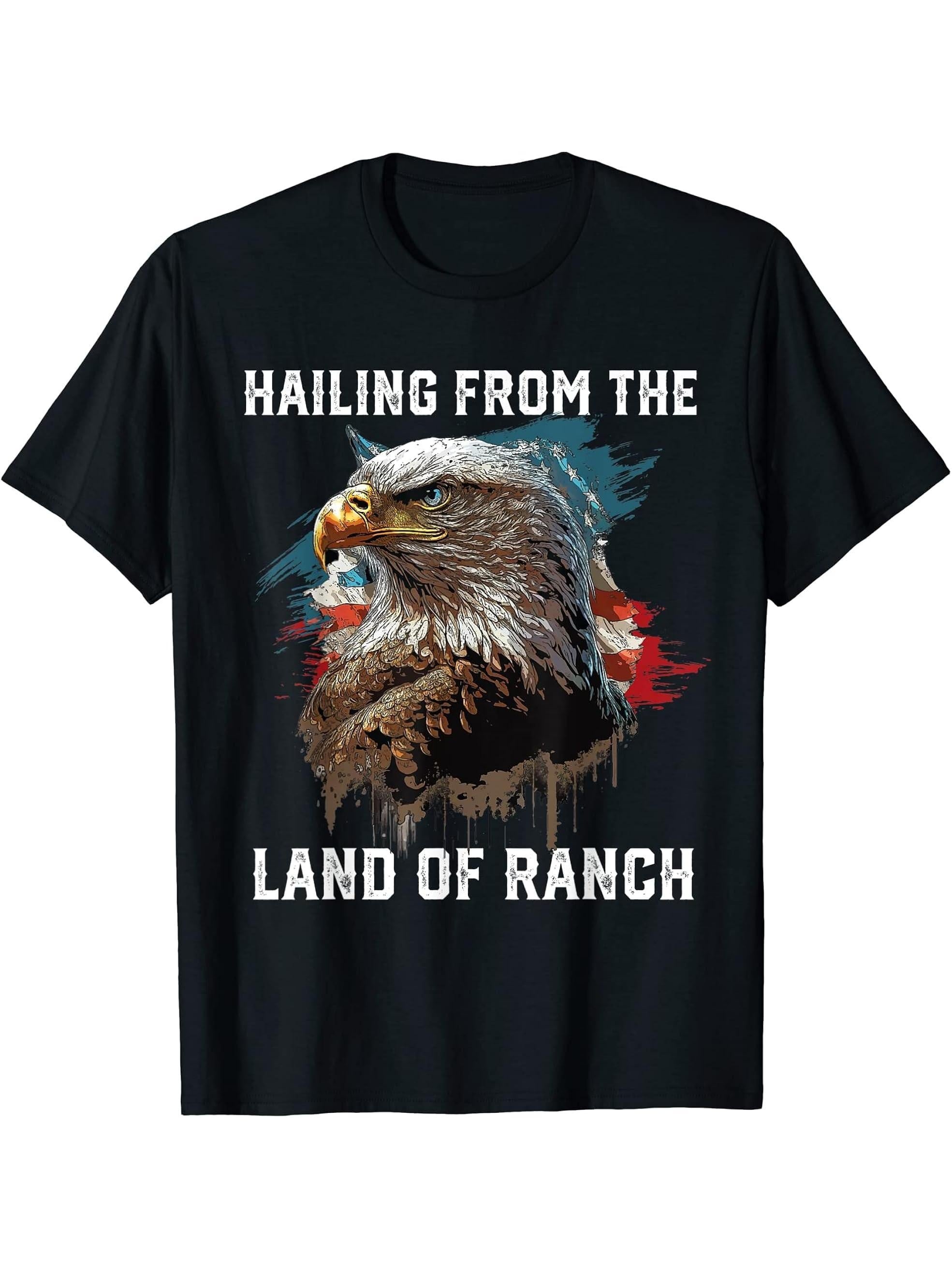Hailing From The Land Of Ranch American Bald Eagle USA Flag T-Shirt 180G 100% Cotton Printed Round Neck Short-Sleeve T-Shirt, Gifts for Men Dad Husband Grandpa, S-XXXL, Black