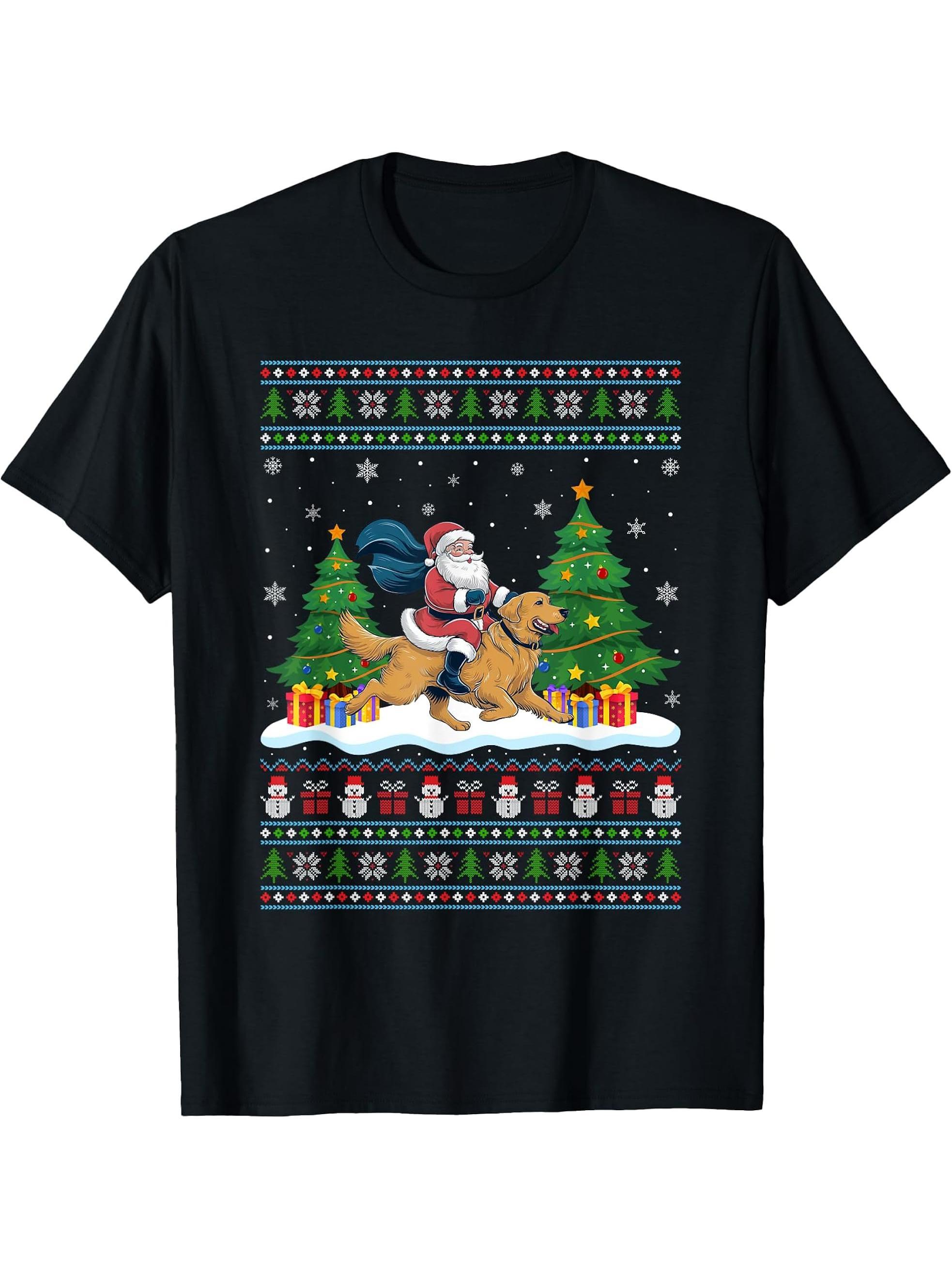 Santa Riding Golden Retriever Dog Tree Lights Xmas Sweater T-Shirt 180G 100% Cotton Printed Round Neck Short-Sleeve T-Shirt, Gifts for Men Dad Husband Grandpa, S-XXXL, Black