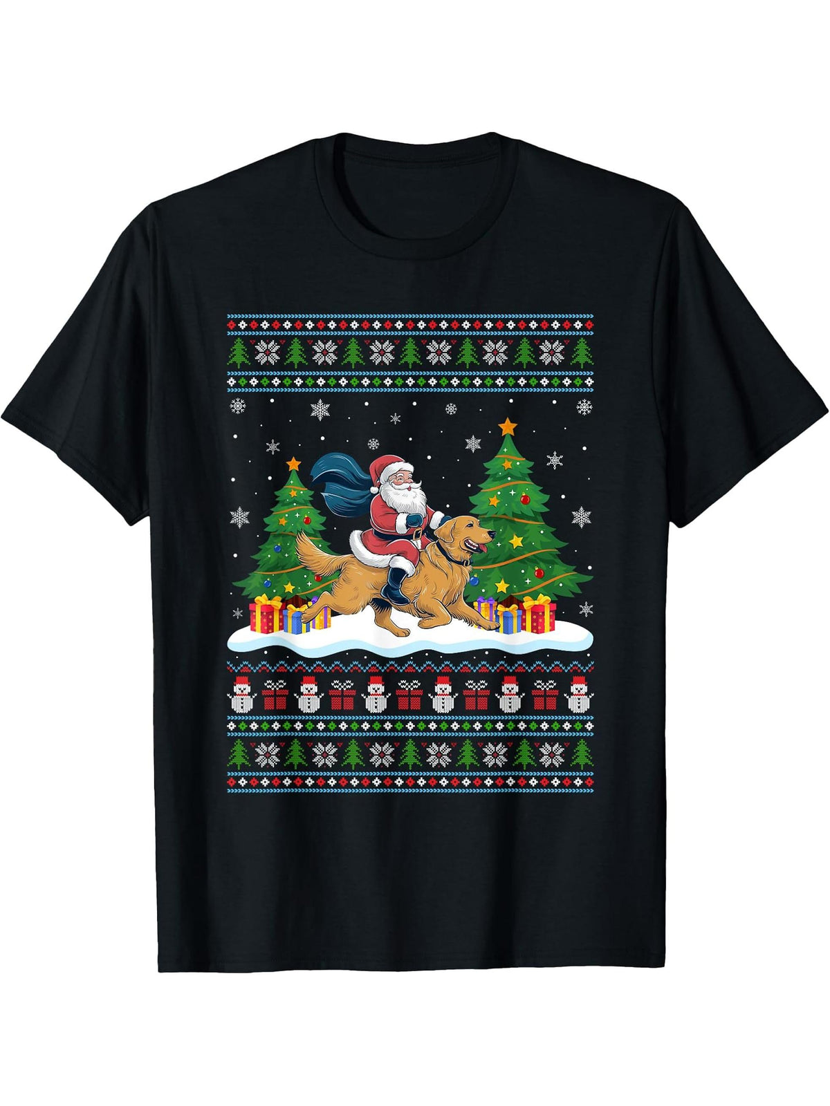 Santa Riding Golden Retriever Dog Tree Lights Xmas Sweater T-Shirt 180G 100% Cotton Printed Round Neck Short-Sleeve T-Shirt, Gifts for Men Dad Husband Grandpa, S-XXXL, Black