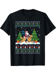 Santa Riding Golden Retriever Dog Tree Lights Xmas Sweater T-Shirt 180G 100% Cotton Printed Round Neck Short-Sleeve T-Shirt, Gifts for Men Dad Husband Grandpa, S-XXXL, Black