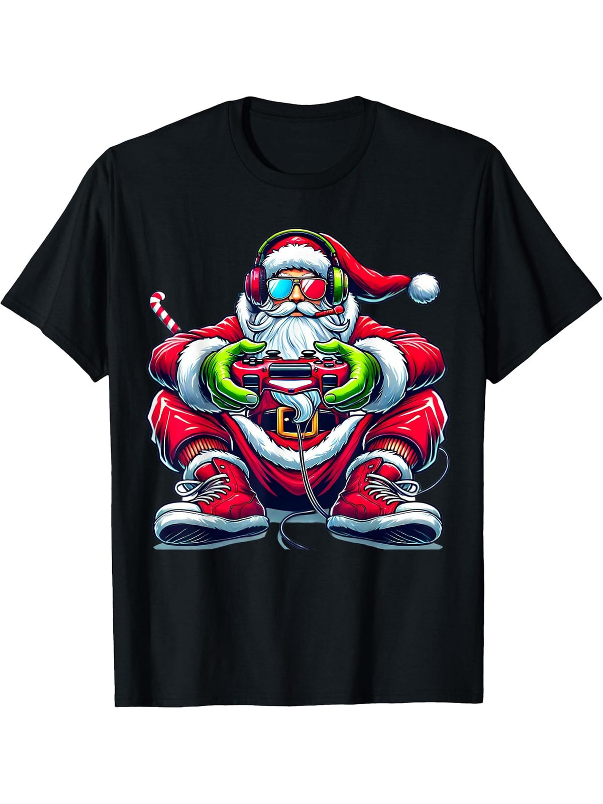 Christmas Gamer Boys Video Game Santa Xmas T-Shirt 180G 100% Cotton Printed Round Neck Short-Sleeve T-Shirt, Gifts for Men Dad Husband Grandpa, S-XXXL, Black