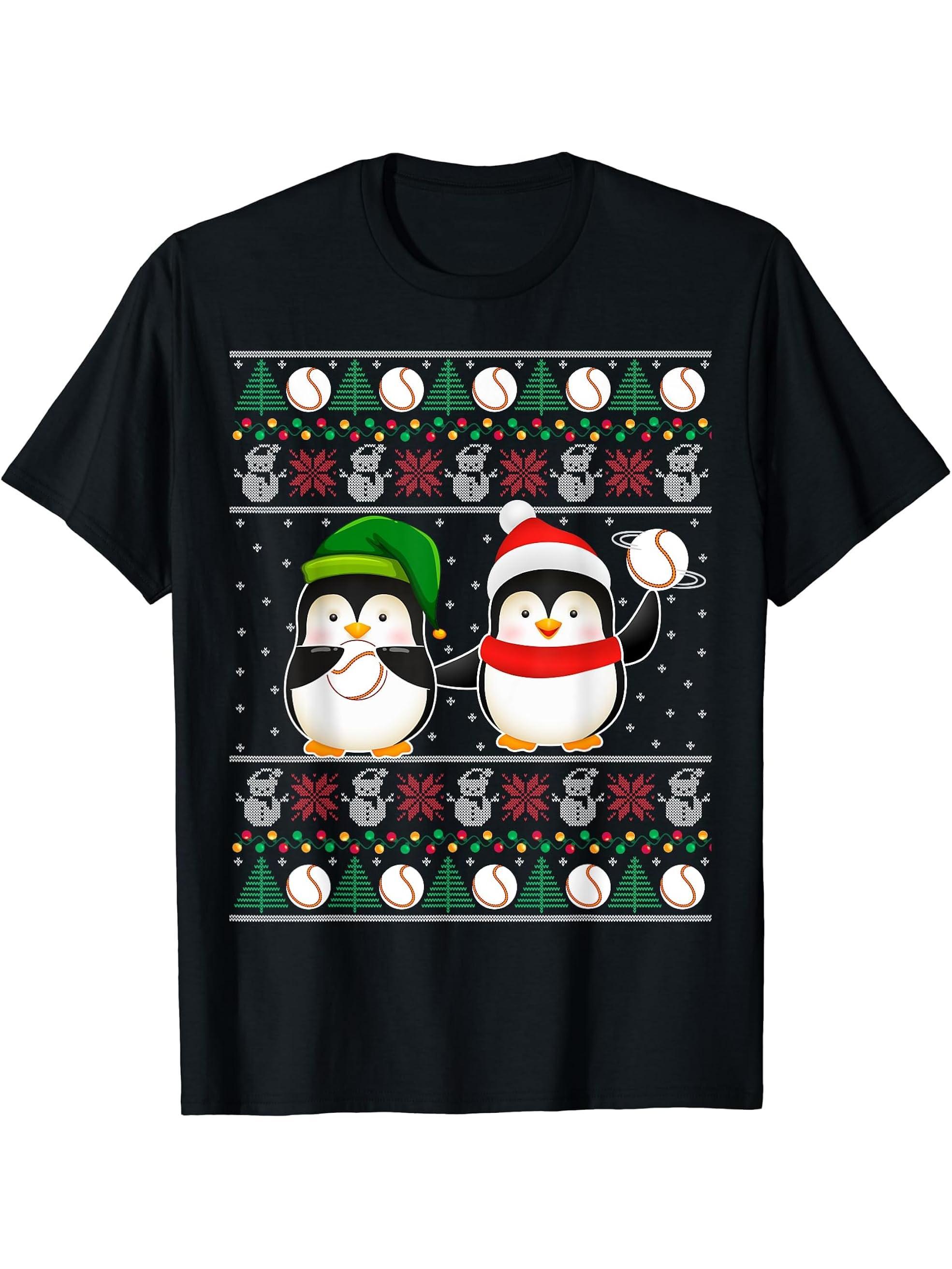 Penguin Santa Hat Christmas Lights Baseball Ugly Christmas T-Shirt 180G 100% Cotton Printed Round Neck Short-Sleeve T-Shirt, Gifts for Men Dad Husband Grandpa, S-XXXL, Black