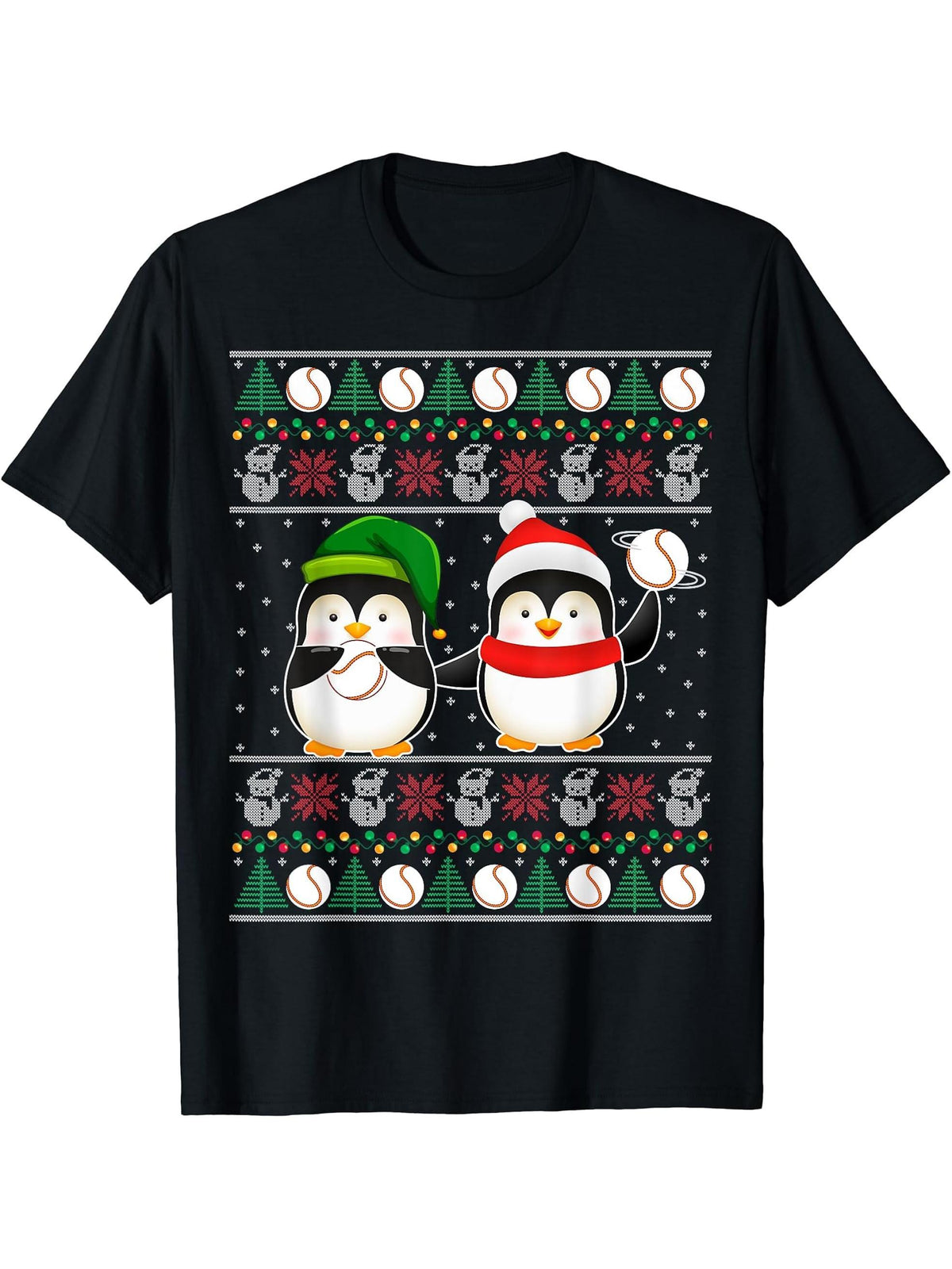 Penguin Santa Hat Christmas Lights Baseball Ugly Christmas T-Shirt 180G 100% Cotton Printed Round Neck Short-Sleeve T-Shirt, Gifts for Men Dad Husband Grandpa, S-XXXL, Black
