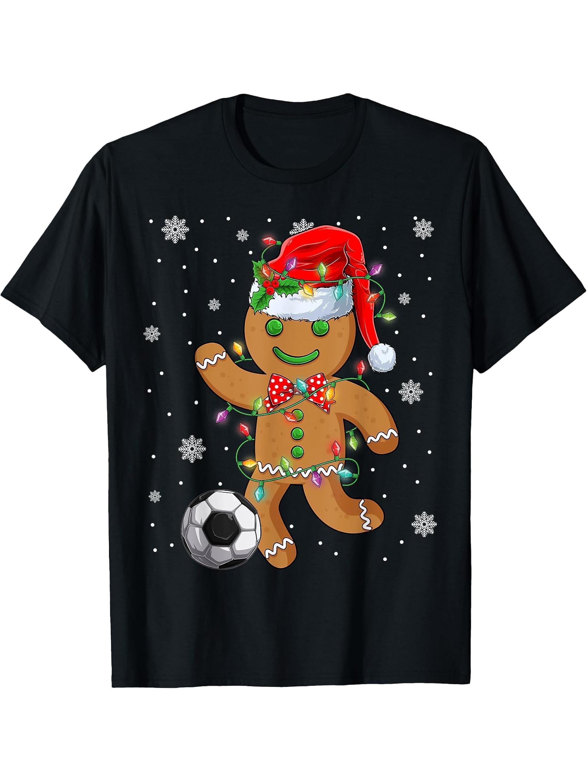 Gingerbread Santa Hat Playing Soccer Christmas Tree Lights T-Shirt 180G 100% Cotton Printed Round Neck Short-Sleeve T-Shirt, Gifts for Men Dad Husband Grandpa, S-XXXL, Black