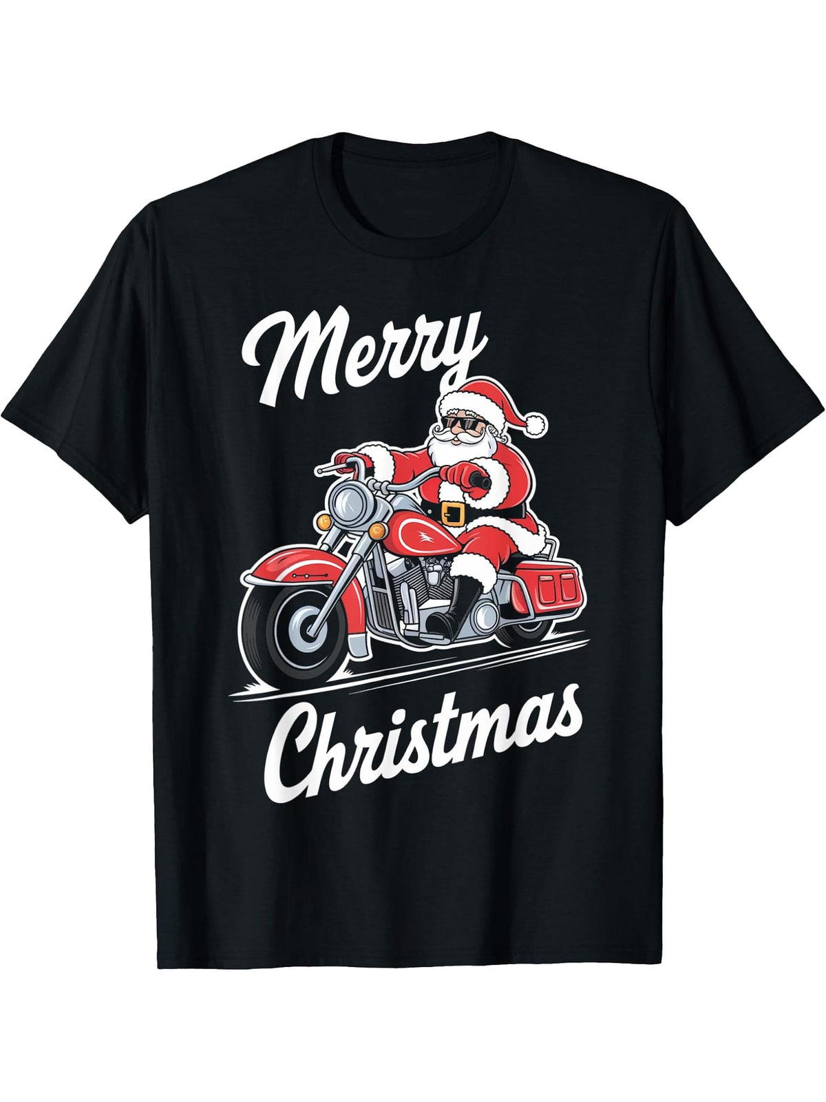 Merry Christmas Santa Riding Motorcycle Biker Lover Xmas T-Shirt 180G 100% Cotton Printed Round Neck Short-Sleeve T-Shirt, Gifts for Men Dad Husband Grandpa, S-XXXL, Black