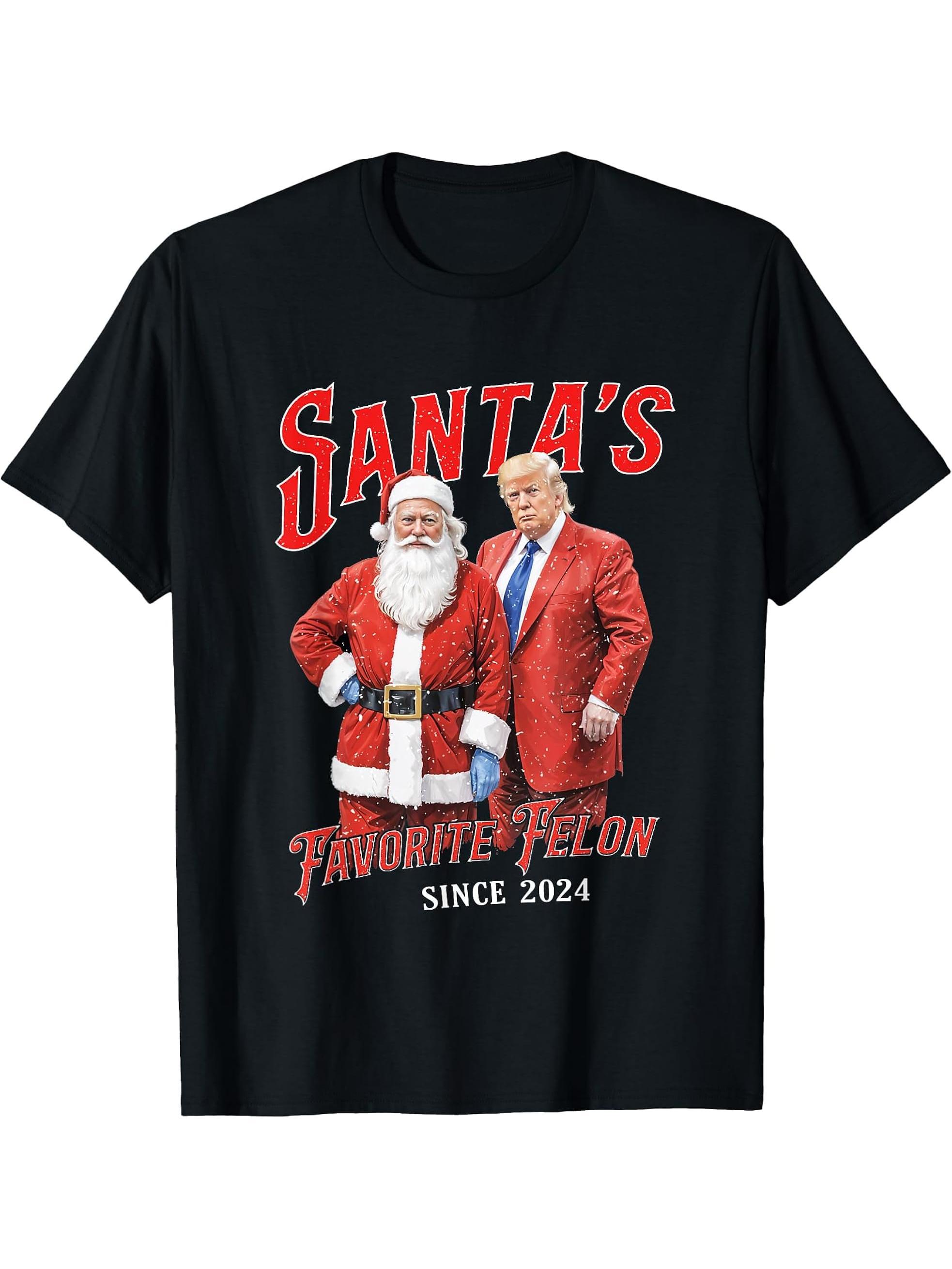 Santa's Favorite Felon Since 2024 Christmas Funny Trump Xmas T-Shirt 180G 100% Cotton Printed Round Neck Short-Sleeve T-Shirt, Gifts for Men Dad Husband Grandpa, S-XXXL, Black