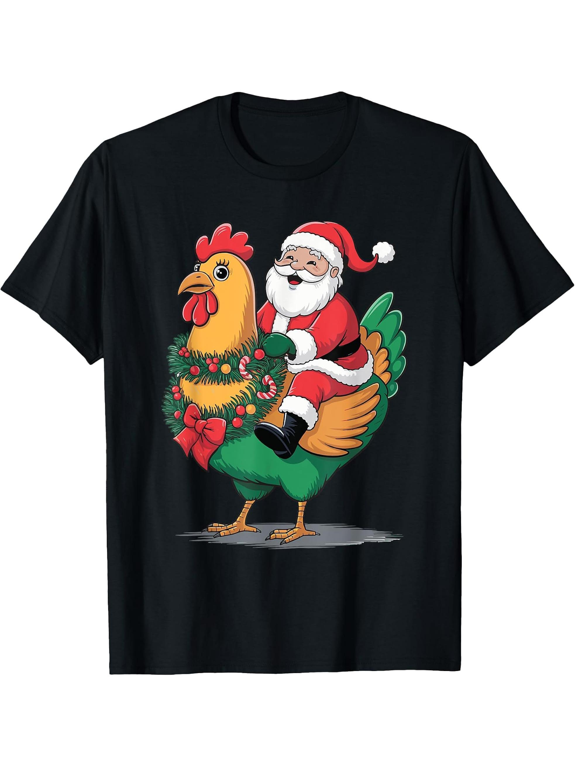Santa Riding A Christmas Chicken T-Shirt 180G 100% Cotton Printed Round Neck Short-Sleeve T-Shirt, Gifts for Men Dad Husband Grandpa, S-XXXL, Black