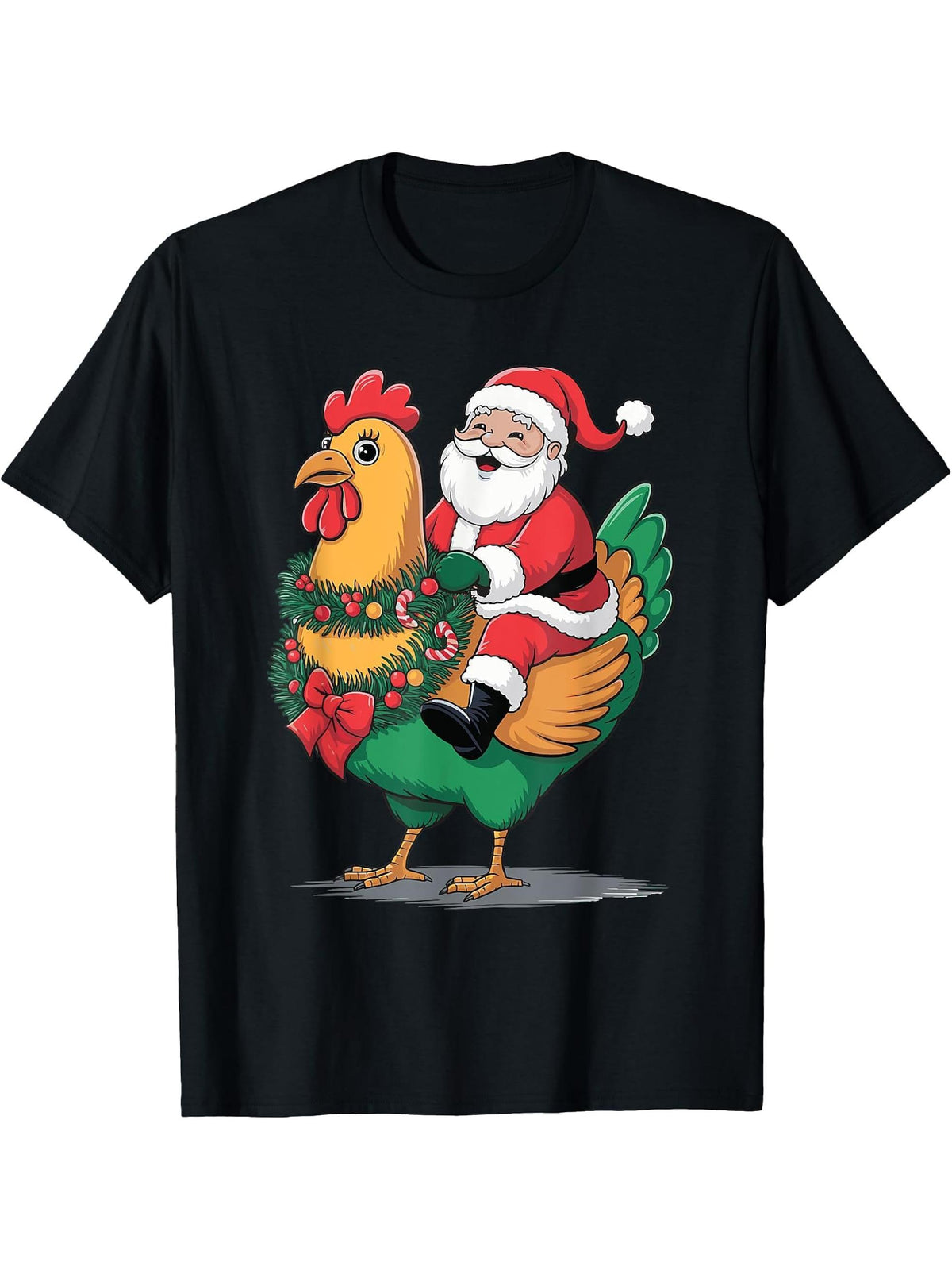 Santa Riding A Christmas Chicken T-Shirt 180G 100% Cotton Printed Round Neck Short-Sleeve T-Shirt, Gifts for Men Dad Husband Grandpa, S-XXXL, Black