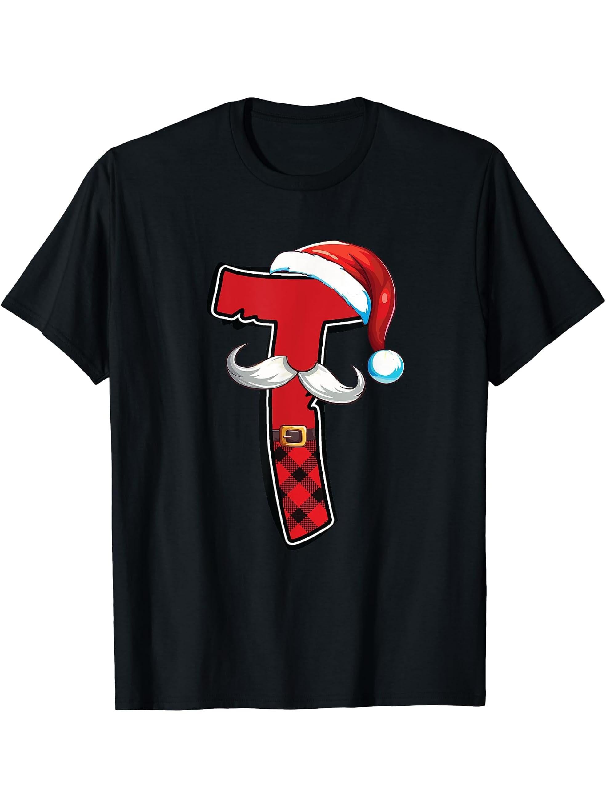 Letter T Initial Name Plaid Santa Hat Christmas T-Shirt 180G 100% Cotton Printed Round Neck Short-Sleeve T-Shirt, Gifts for Men Dad Husband Grandpa, S-XXXL, Black