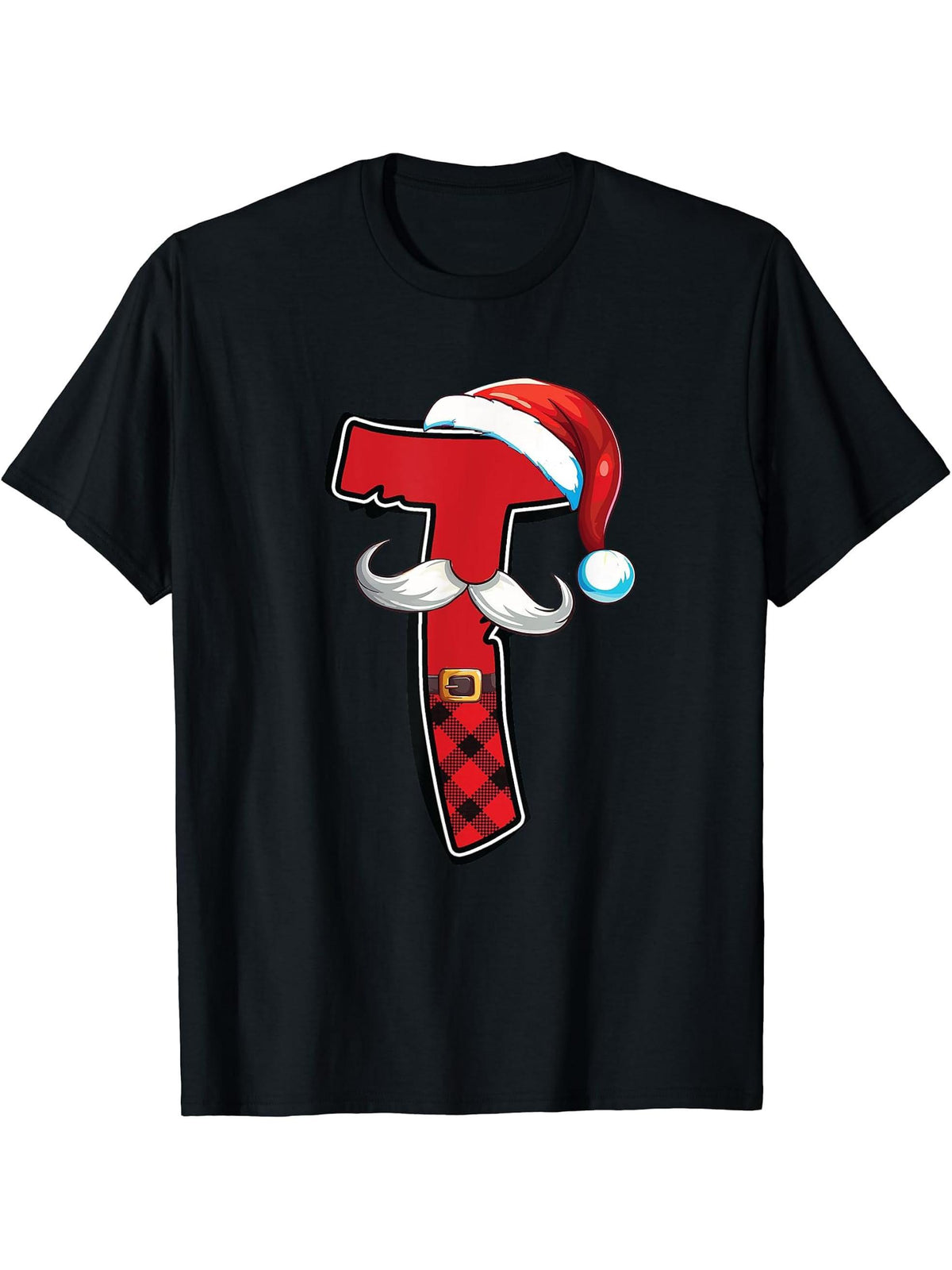 Letter T Initial Name Plaid Santa Hat Christmas T-Shirt 180G 100% Cotton Printed Round Neck Short-Sleeve T-Shirt, Gifts for Men Dad Husband Grandpa, S-XXXL, Black