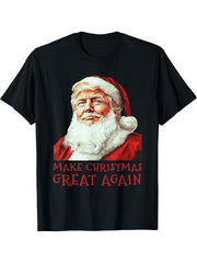 Make Christmas Great Again Funny Trump Santa Claus Xmas T-Shirt 180G 100% Cotton Printed Round Neck Short-Sleeve T-Shirt, Gifts for Men Dad Husband Grandpa, S-XXXL, Black