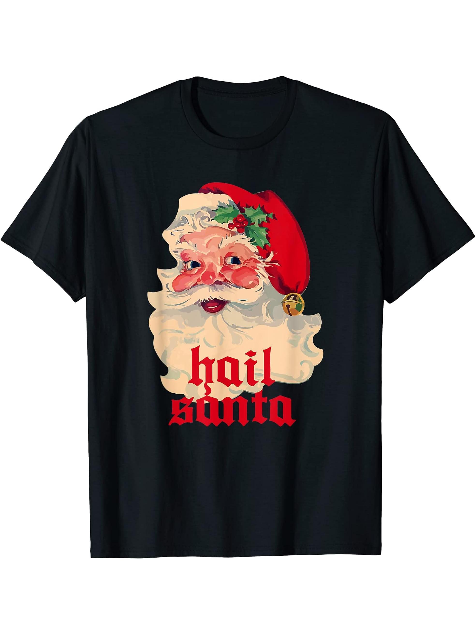 Hail Santa Ugly Christmas T-Shirt 180G 100% Cotton Printed Round Neck Short-Sleeve T-Shirt, Gifts for Men Dad Husband Grandpa, S-XXXL, Black