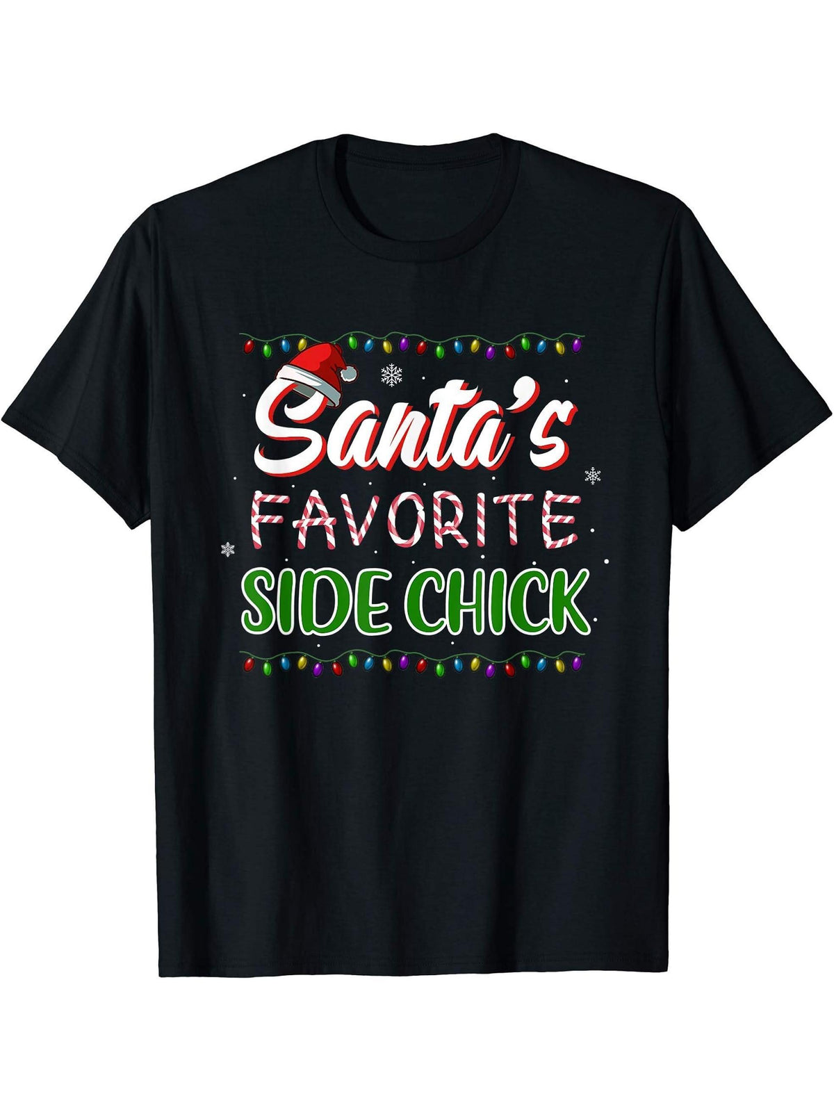 Santa's Favorite Side Chick Christmas Matching T-Shirt 180G 100% Cotton Printed Round Neck Short-Sleeve T-Shirt, Gifts for Men Dad Husband Grandpa, S-XXXL, Black