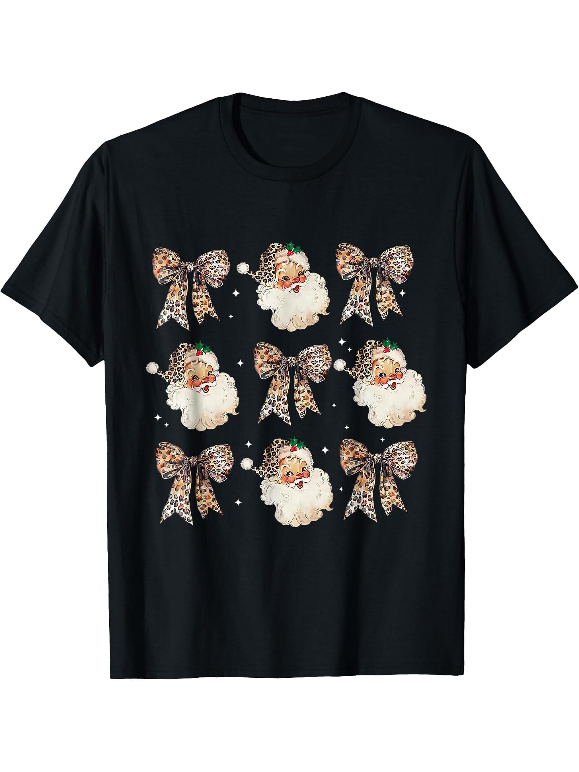 Retro Cute Leopard Santa Claus Coquette Bow Christmas T-Shirt 180G 100% Cotton Printed Round Neck Short-Sleeve T-Shirt, Gifts for Men Dad Husband Grandpa, S-XXXL, Black