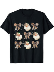 Retro Cute Leopard Santa Claus Coquette Bow Christmas T-Shirt 180G 100% Cotton Printed Round Neck Short-Sleeve T-Shirt, Gifts for Men Dad Husband Grandpa, S-XXXL, Black