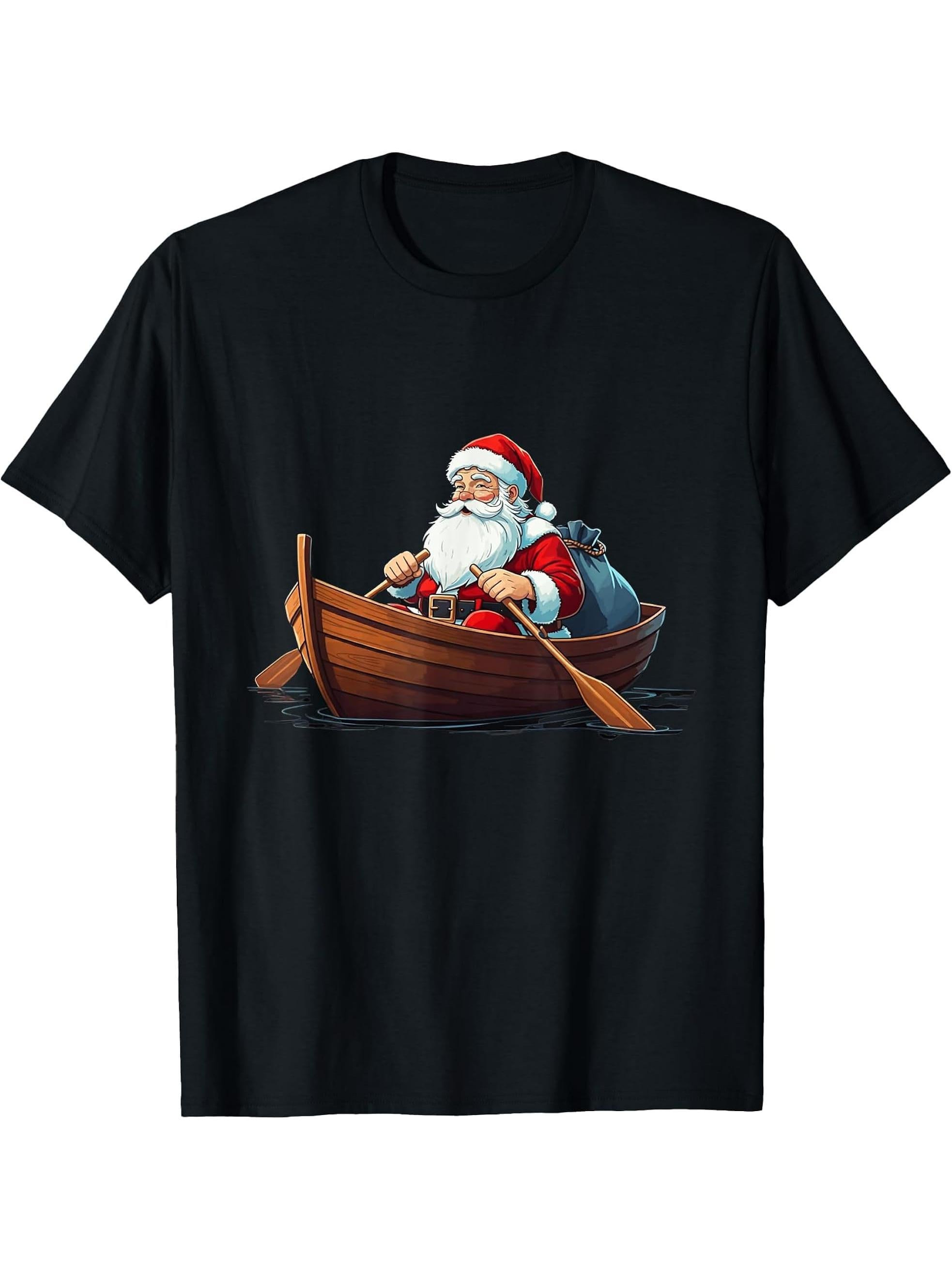 Santa in a Boat Rowing Funny Santa Claus Holiday Festive T-Shirt 180G 100% Cotton Printed Round Neck Short-Sleeve T-Shirt, Gifts for Men Dad Husband Grandpa, S-XXXL, Black