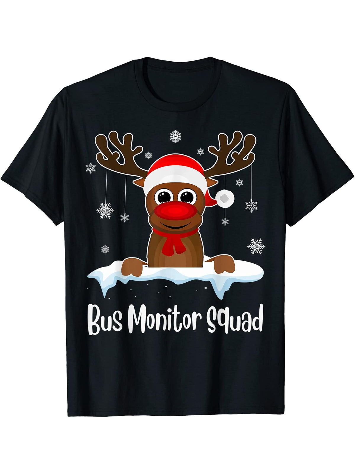 Bus Monitor Squad Xmas Reindeer Santa Hat Christmas party T-Shirt 180G 100% Cotton Printed Round Neck Short-Sleeve T-Shirt, Gifts for Men Dad Husband Grandpa, S-XXXL, Black