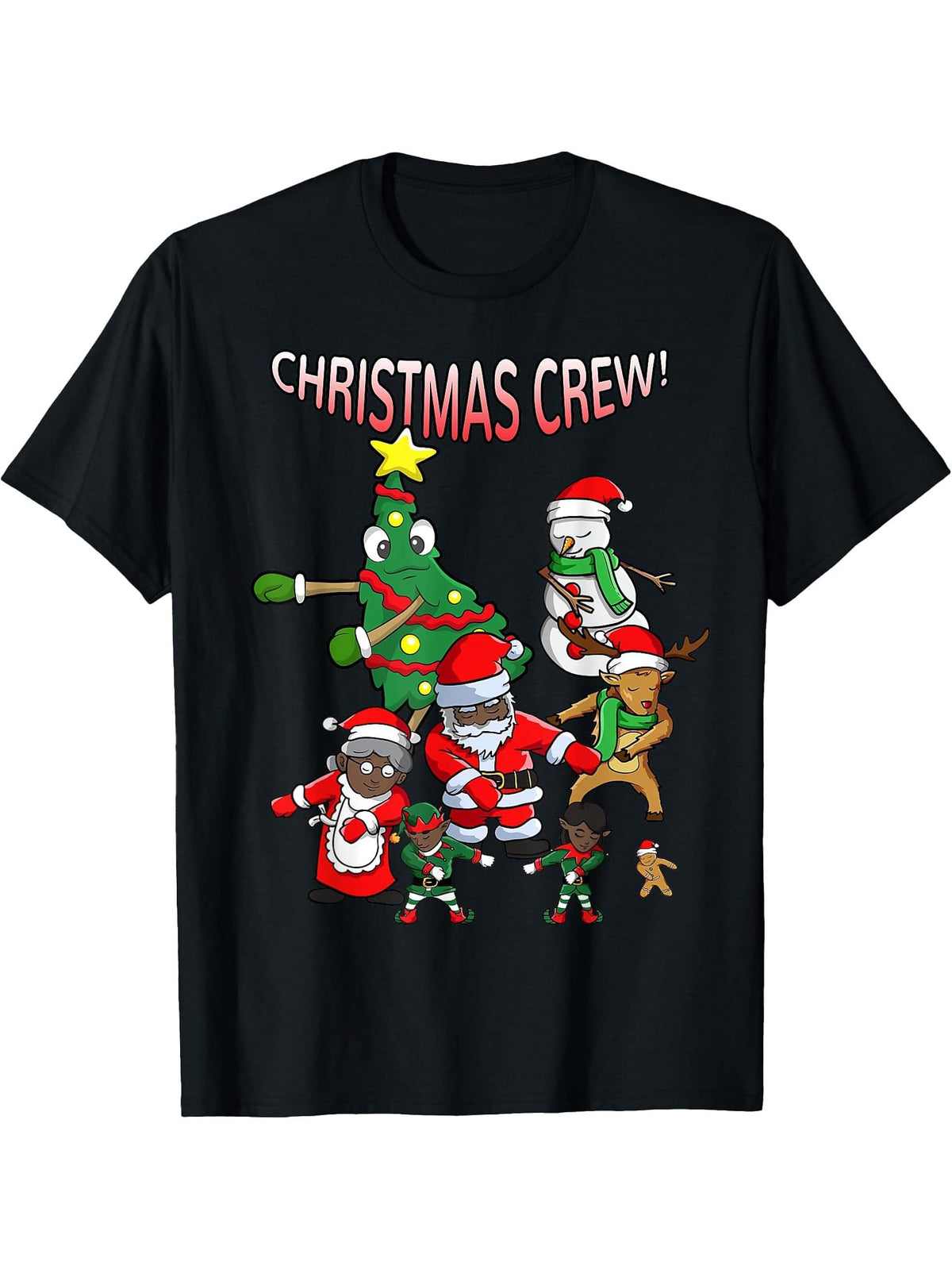 Santa Black African American Christmas Crew Flossing Floss T-Shirt 180G 100% Cotton Printed Round Neck Short-Sleeve T-Shirt, Gifts for Men Dad Husband Grandpa, S-XXXL, Black