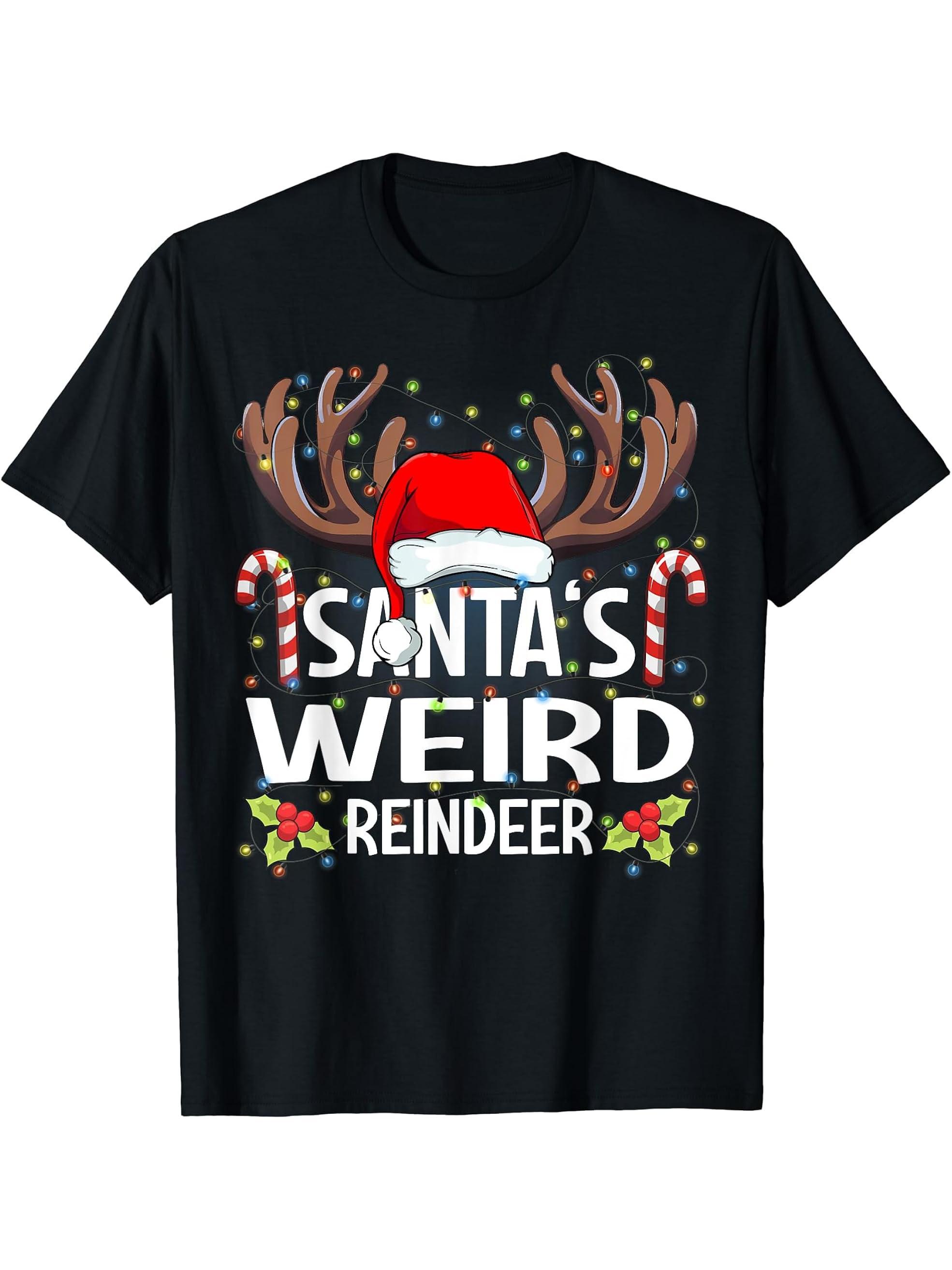 Santa's Weird Reindeer Christmas Pajama T-Shirt 180G 100% Cotton Printed Round Neck Short-Sleeve T-Shirt, Gifts for Men Dad Husband Grandpa, S-XXXL, Black