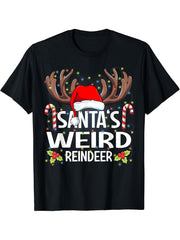 Santa's Weird Reindeer Christmas Pajama T-Shirt 180G 100% Cotton Printed Round Neck Short-Sleeve T-Shirt, Gifts for Men Dad Husband Grandpa, S-XXXL, Black