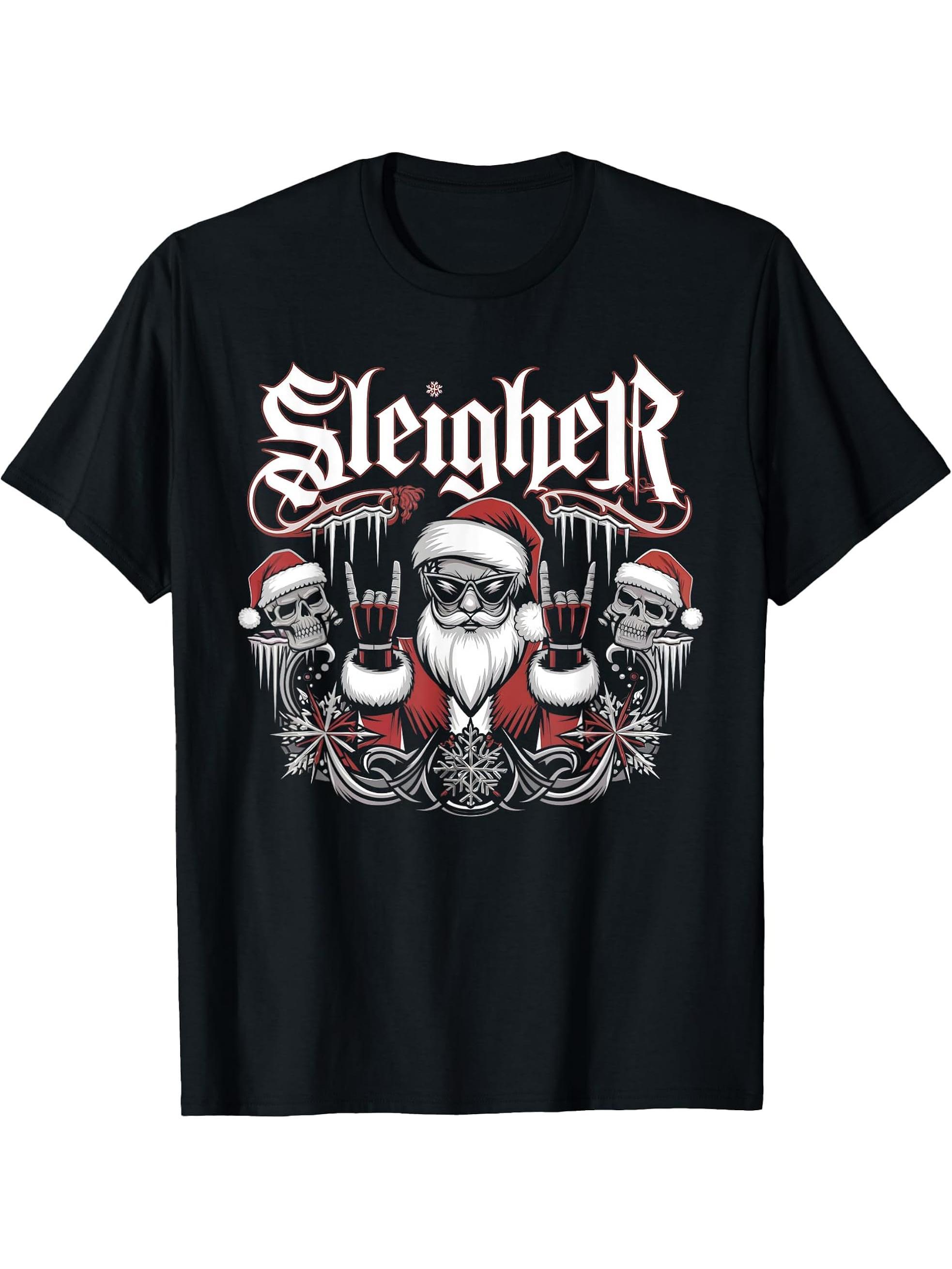 Sleigher Skull Santa Rock n’ Roll Christmas Metal T-Shirt 180G 100% Cotton Printed Round Neck Short-Sleeve T-Shirt, Gifts for Men Dad Husband Grandpa, S-XXXL, Black