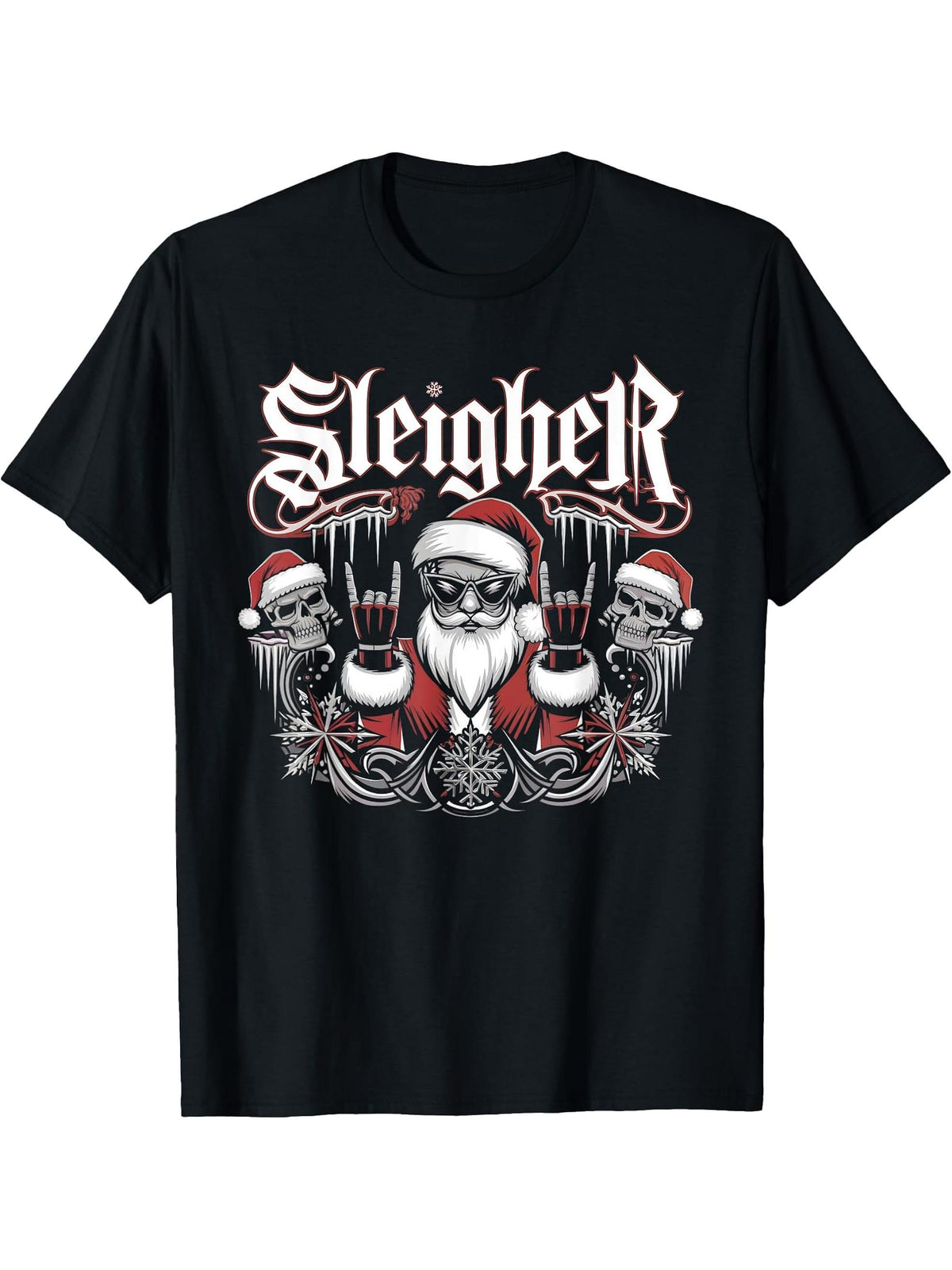 Sleigher Skull Santa Rock n’ Roll Christmas Metal T-Shirt 180G 100% Cotton Printed Round Neck Short-Sleeve T-Shirt, Gifts for Men Dad Husband Grandpa, S-XXXL, Black