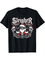 Sleigher Skull Santa Rock n’ Roll Christmas Metal T-Shirt 180G 100% Cotton Printed Round Neck Short-Sleeve T-Shirt, Gifts for Men Dad Husband Grandpa, S-XXXL, Black