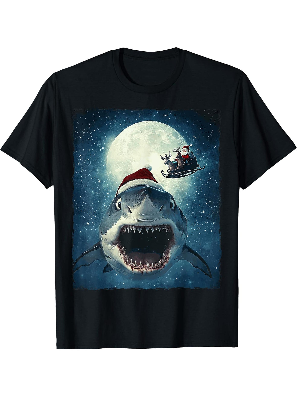 Funny Shark Selfie Santa Moon Xmas Christmas T-Shirt 180G 100% Cotton Printed Round Neck Short-Sleeve T-Shirt, Gifts for Men Dad Husband Grandpa, S-XXXL, Black