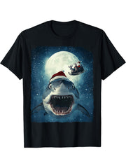 Funny Shark Selfie Santa Moon Xmas Christmas T-Shirt 180G 100% Cotton Printed Round Neck Short-Sleeve T-Shirt, Gifts for Men Dad Husband Grandpa, S-XXXL, Black