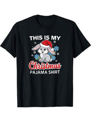 Bunny Christmas Pajama Santa Rabbit Lover T-Shirt 180G 100% Cotton Printed Round Neck Short-Sleeve T-Shirt, Gifts for Men Dad Husband Grandpa, S-XXXL, Black