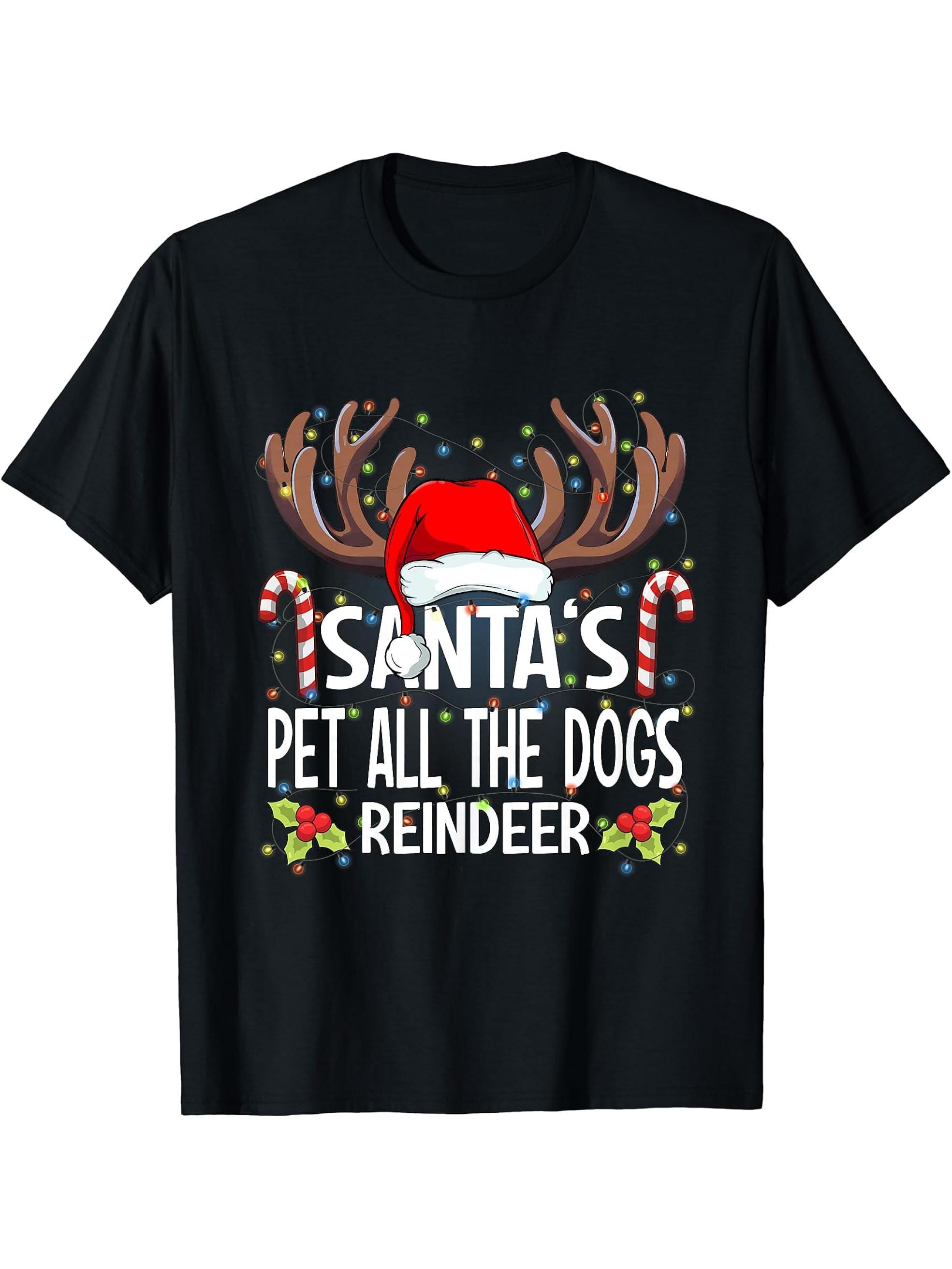 Santa's Pet All The Dogs Reindeer Christmas Pajama T-Shirt 180G 100% Cotton Printed Round Neck Short-Sleeve T-Shirt, Gifts for Men Dad Husband Grandpa, S-XXXL, Black