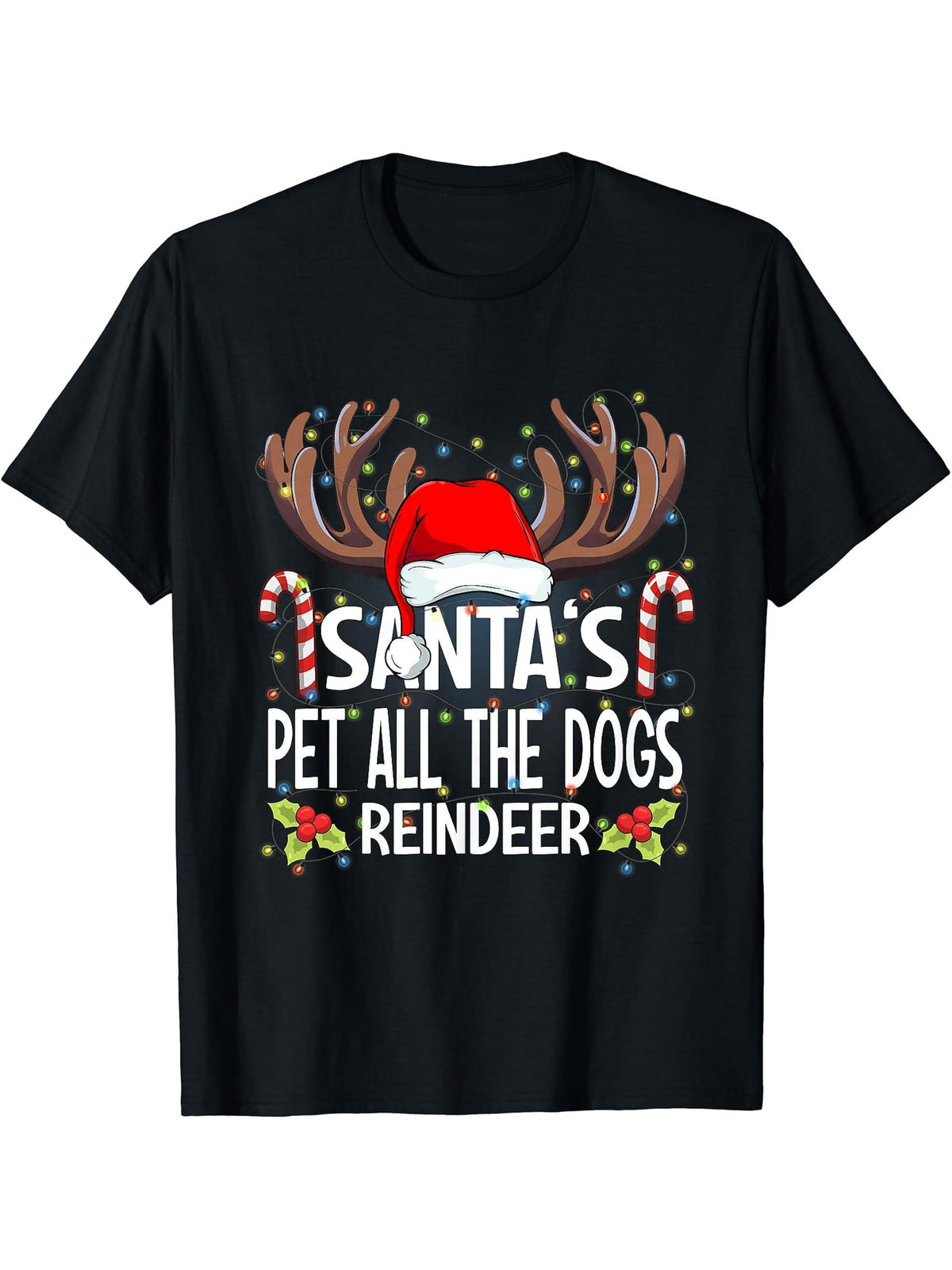 Santa's Pet All The Dogs Reindeer Christmas Pajama T-Shirt 180G 100% Cotton Printed Round Neck Short-Sleeve T-Shirt, Gifts for Men Dad Husband Grandpa, S-XXXL, Black