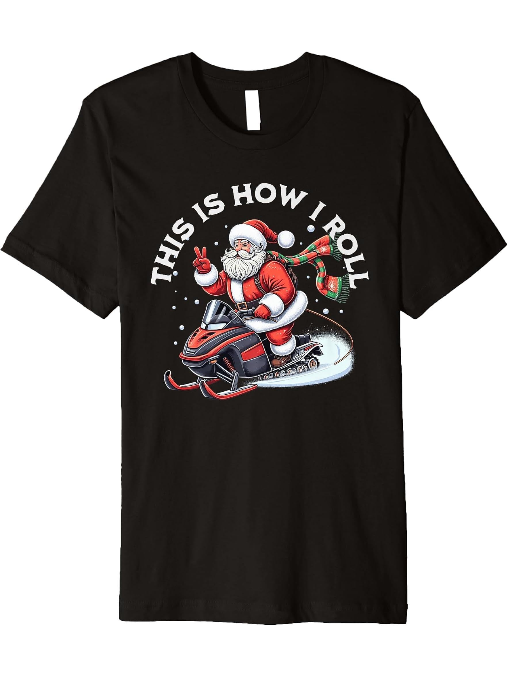 Santa Snowmobiling Xmas Funny Winter Holiday Christmas Premium T-Shirt 180G 100% Cotton Printed Round Neck Short-Sleeve T-Shirt, Gifts for Men Dad Husband Grandpa, S-XXXL, Black