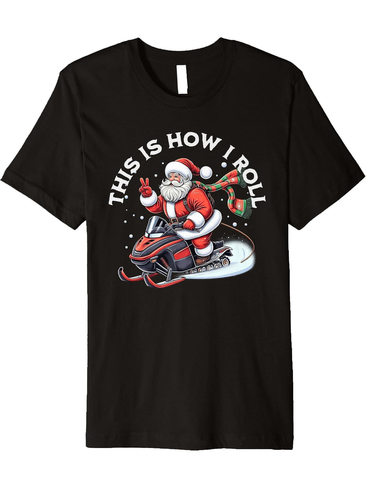 Santa Snowmobiling Xmas Funny Winter Holiday Christmas Premium T-Shirt 180G 100% Cotton Printed Round Neck Short-Sleeve T-Shirt, Gifts for Men Dad Husband Grandpa, S-XXXL, Black