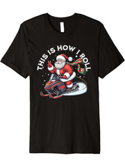 Santa Snowmobiling Xmas Funny Winter Holiday Christmas Premium T-Shirt 180G 100% Cotton Printed Round Neck Short-Sleeve T-Shirt, Gifts for Men Dad Husband Grandpa, S-XXXL, Black