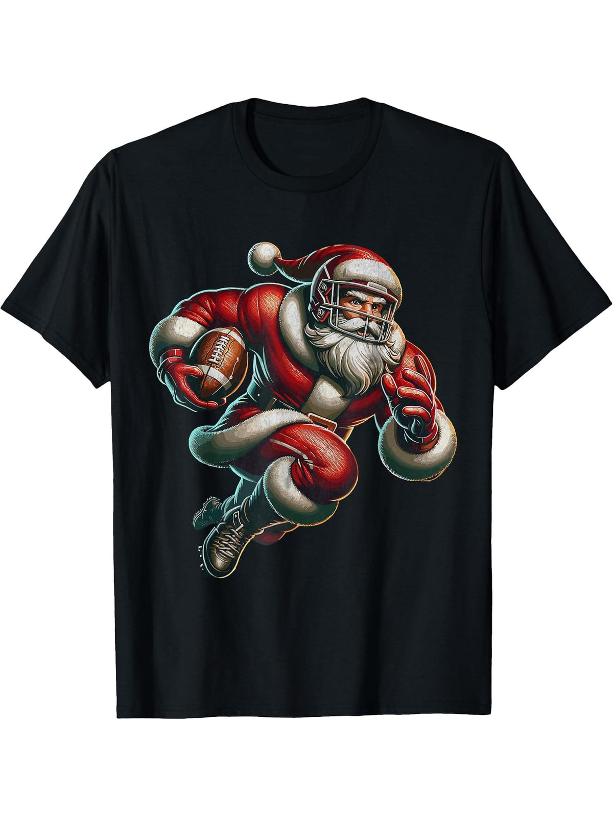 Santa Playing American Football Christmas Women Men Boy Girl T-Shirt 180G 100% Cotton Printed Round Neck Short-Sleeve T-Shirt, Gifts for Men Dad Husband Grandpa, S-XXXL, Black