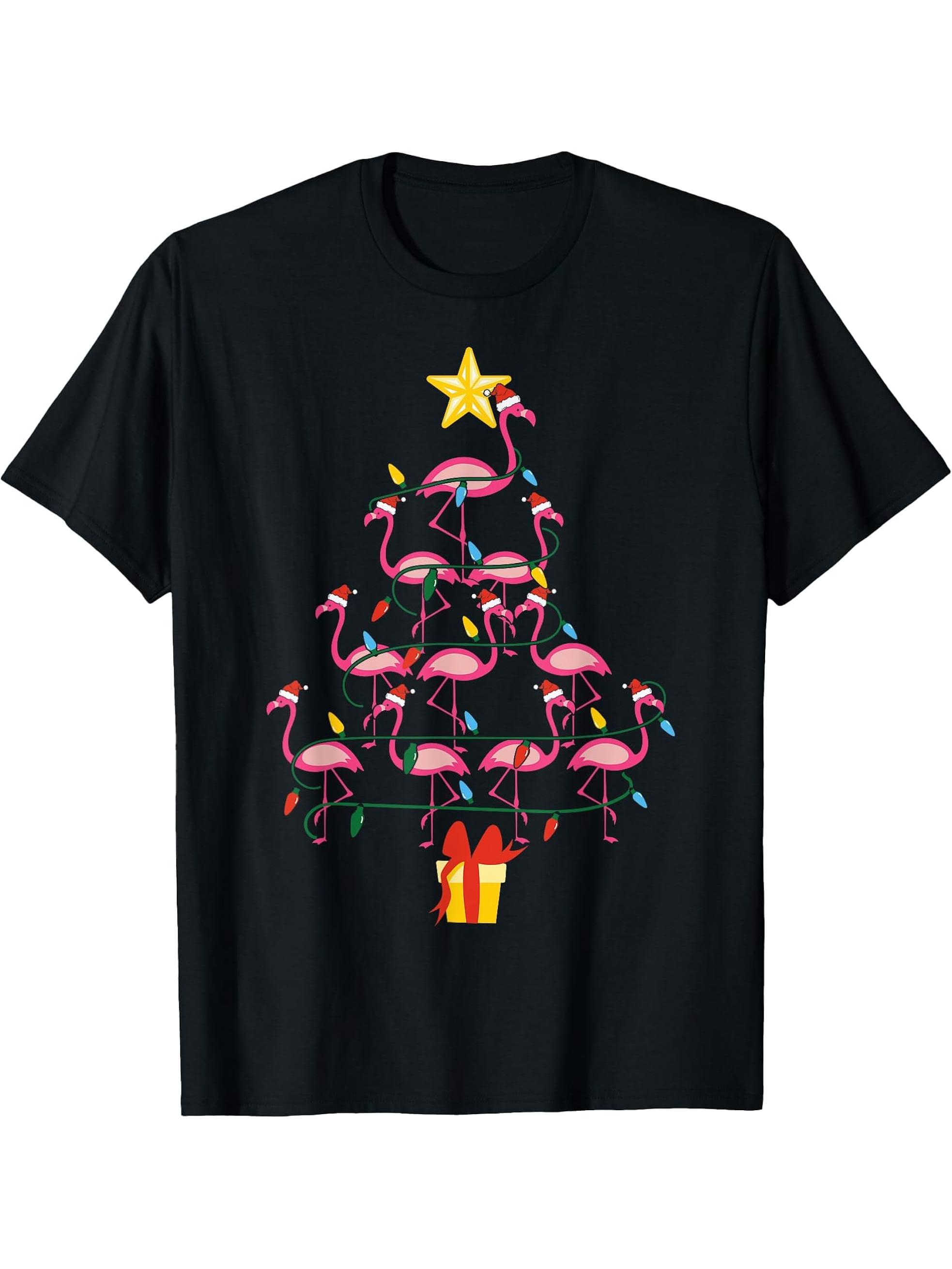Merry Christmas Hat Santa Flamingo Light Snow Xmas Pajamas T-Shirt 180G 100% Cotton Printed Round Neck Short-Sleeve T-Shirt, Gifts for Men Dad Husband Grandpa, S-XXXL, Black