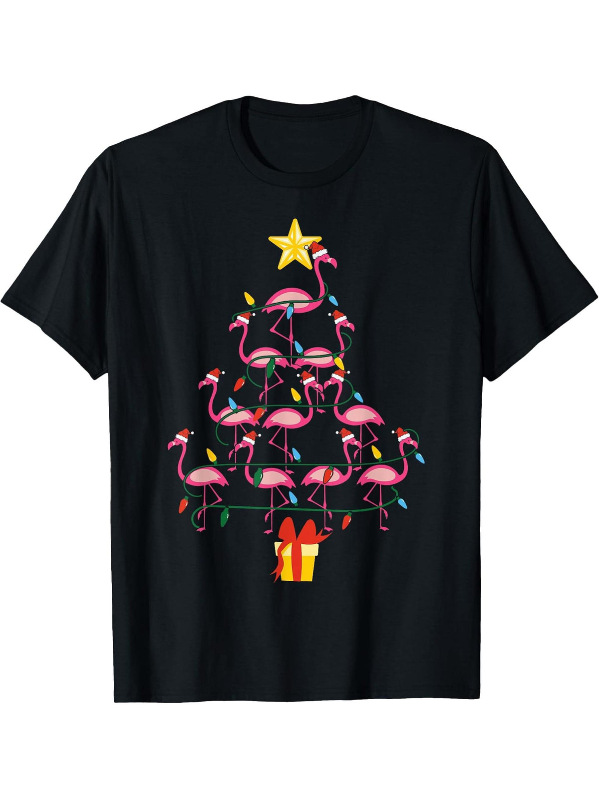 Merry Christmas Hat Santa Flamingo Light Snow Xmas Pajamas T-Shirt 180G 100% Cotton Printed Round Neck Short-Sleeve T-Shirt, Gifts for Men Dad Husband Grandpa, S-XXXL, Black