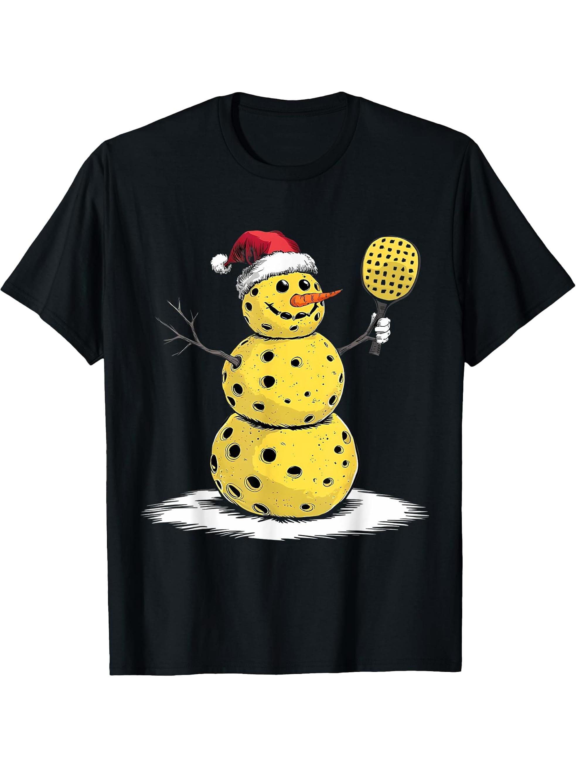 Pickleball Snowman Santa Hat With Paddle Shirt Xmas T-Shirt 180G 100% Cotton Printed Round Neck Short-Sleeve T-Shirt, Gifts for Men Dad Husband Grandpa, S-XXXL, Black