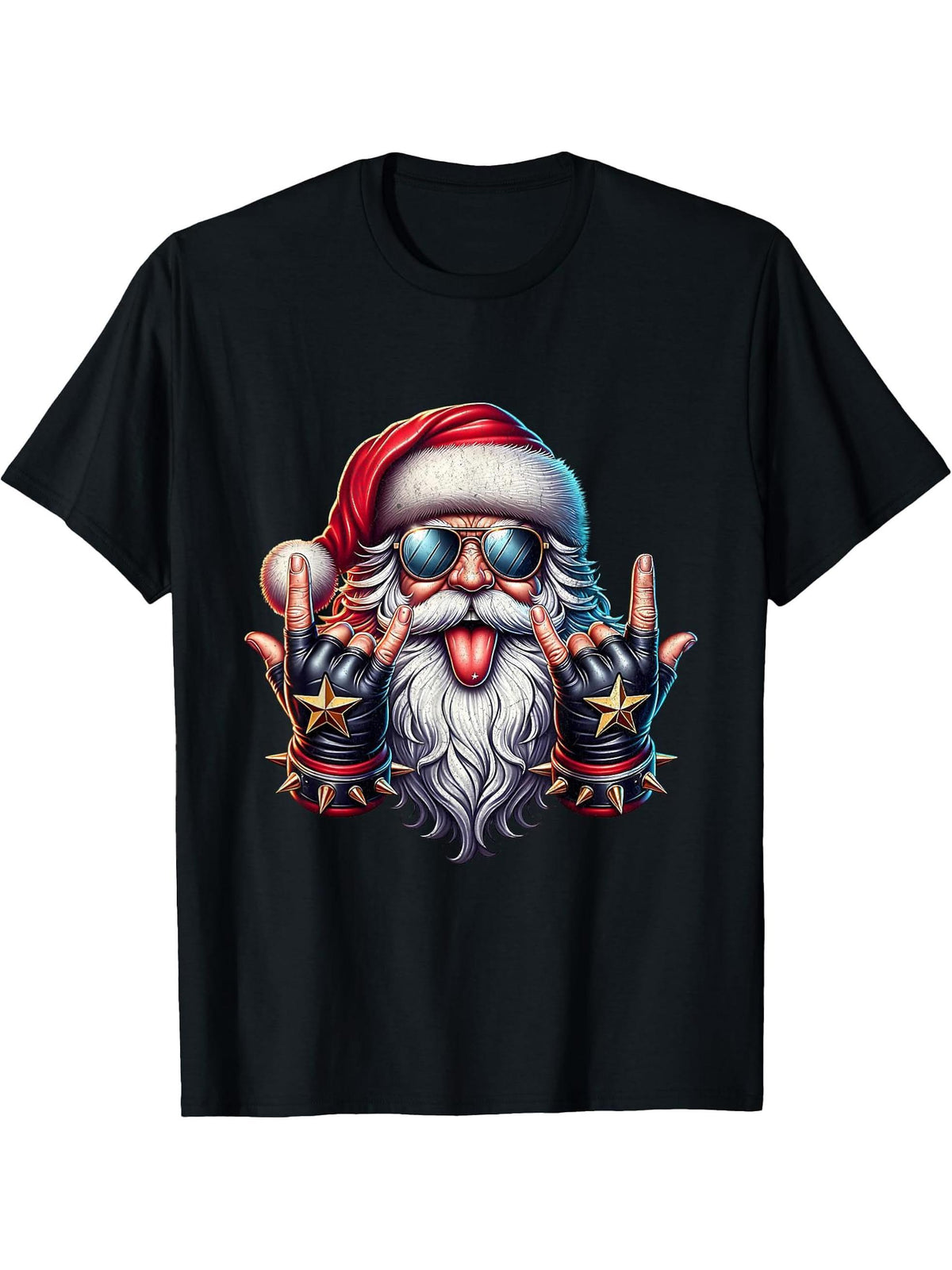 Rock On Santa Cool Christmas Biker T-Shirt 180G 100% Cotton Printed Round Neck Short-Sleeve T-Shirt, Gifts for Men Dad Husband Grandpa, S-XXXL, Black