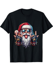 Rock On Santa Cool Christmas Biker T-Shirt 180G 100% Cotton Printed Round Neck Short-Sleeve T-Shirt, Gifts for Men Dad Husband Grandpa, S-XXXL, Black