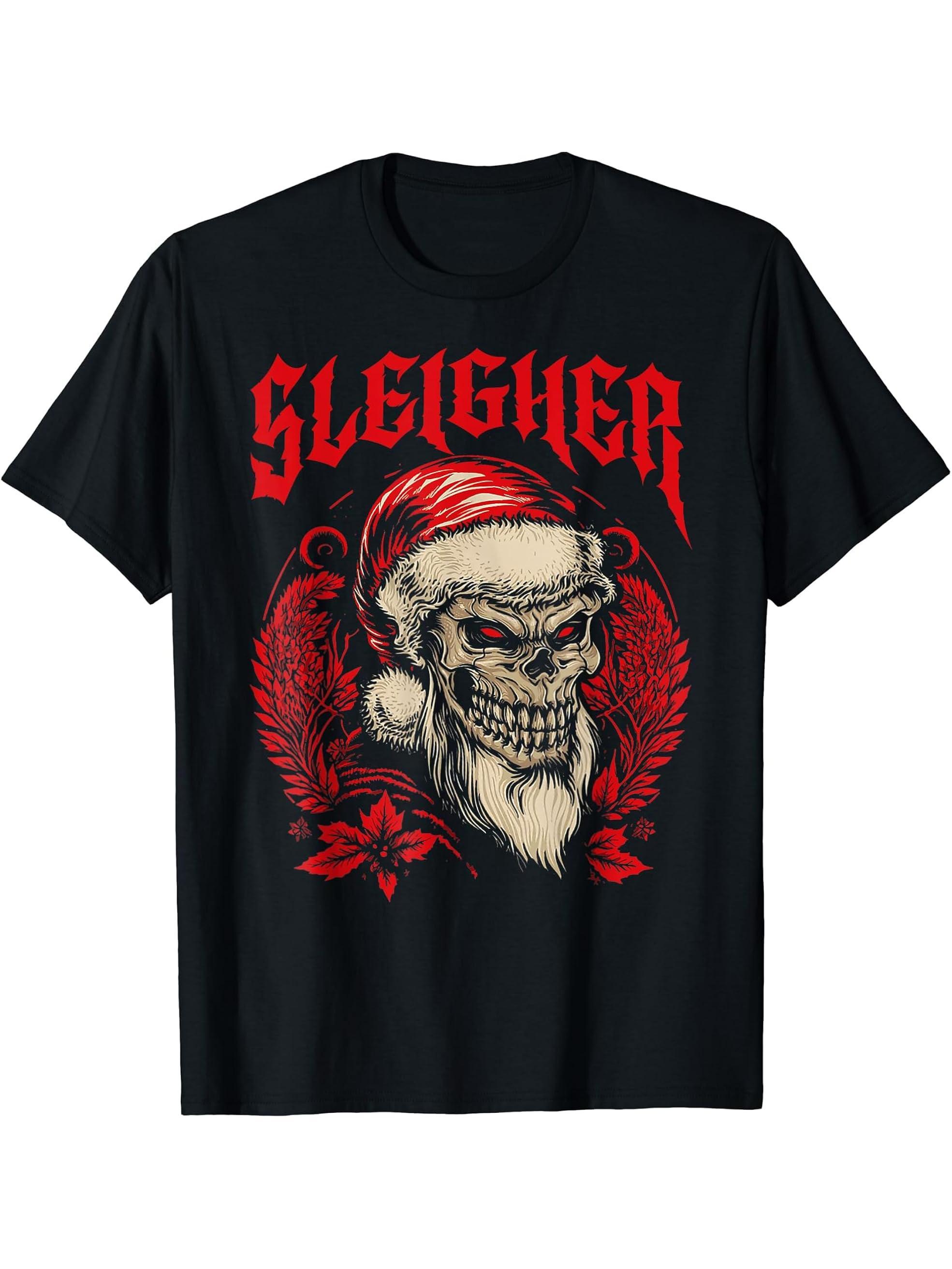 Christmas Sleigher Santa Xmas Satan Merry Krampus Skull T-Shirt 180G 100% Cotton Printed Round Neck Short-Sleeve T-Shirt, Gifts for Men Dad Husband Grandpa, S-XXXL, Black