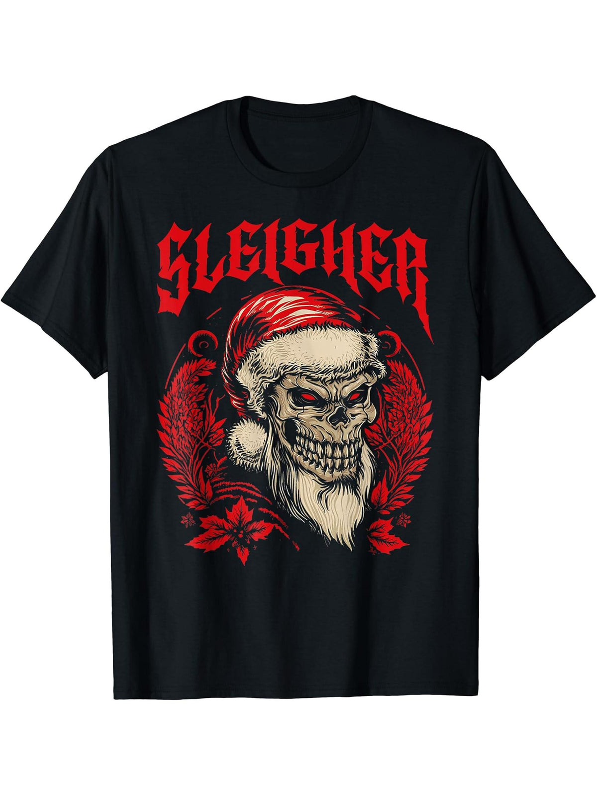 Christmas Sleigher Santa Xmas Satan Merry Krampus Skull T-Shirt 180G 100% Cotton Printed Round Neck Short-Sleeve T-Shirt, Gifts for Men Dad Husband Grandpa, S-XXXL, Black