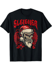 Christmas Sleigher Santa Xmas Satan Merry Krampus Skull T-Shirt 180G 100% Cotton Printed Round Neck Short-Sleeve T-Shirt, Gifts for Men Dad Husband Grandpa, S-XXXL, Black