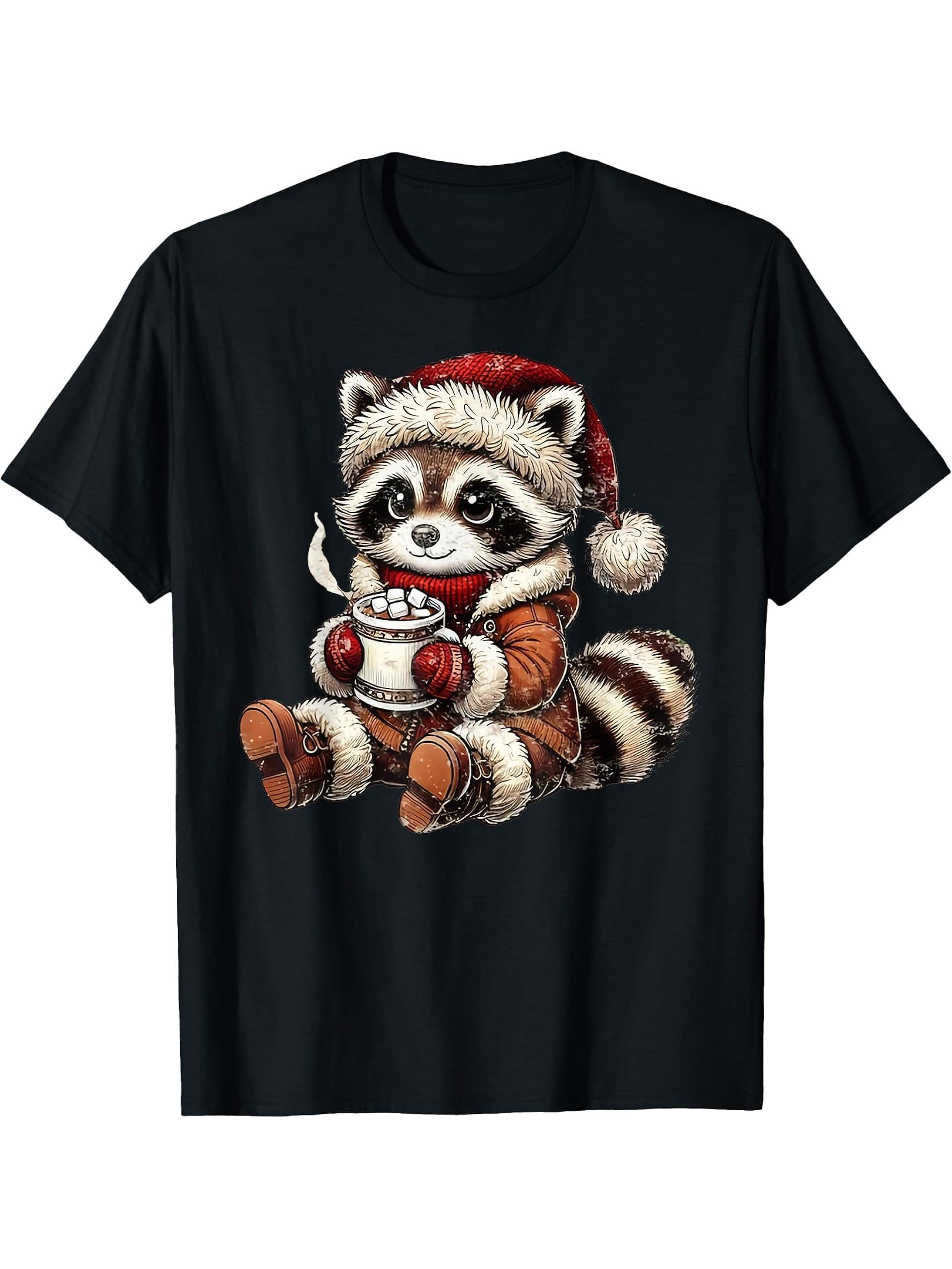 Raccoon Santa Christmas Cute Raccoon Coffee Christmas T-Shirt 180G 100% Cotton Printed Round Neck Short-Sleeve T-Shirt, Gifts for Men Dad Husband Grandpa, S-XXXL, Black