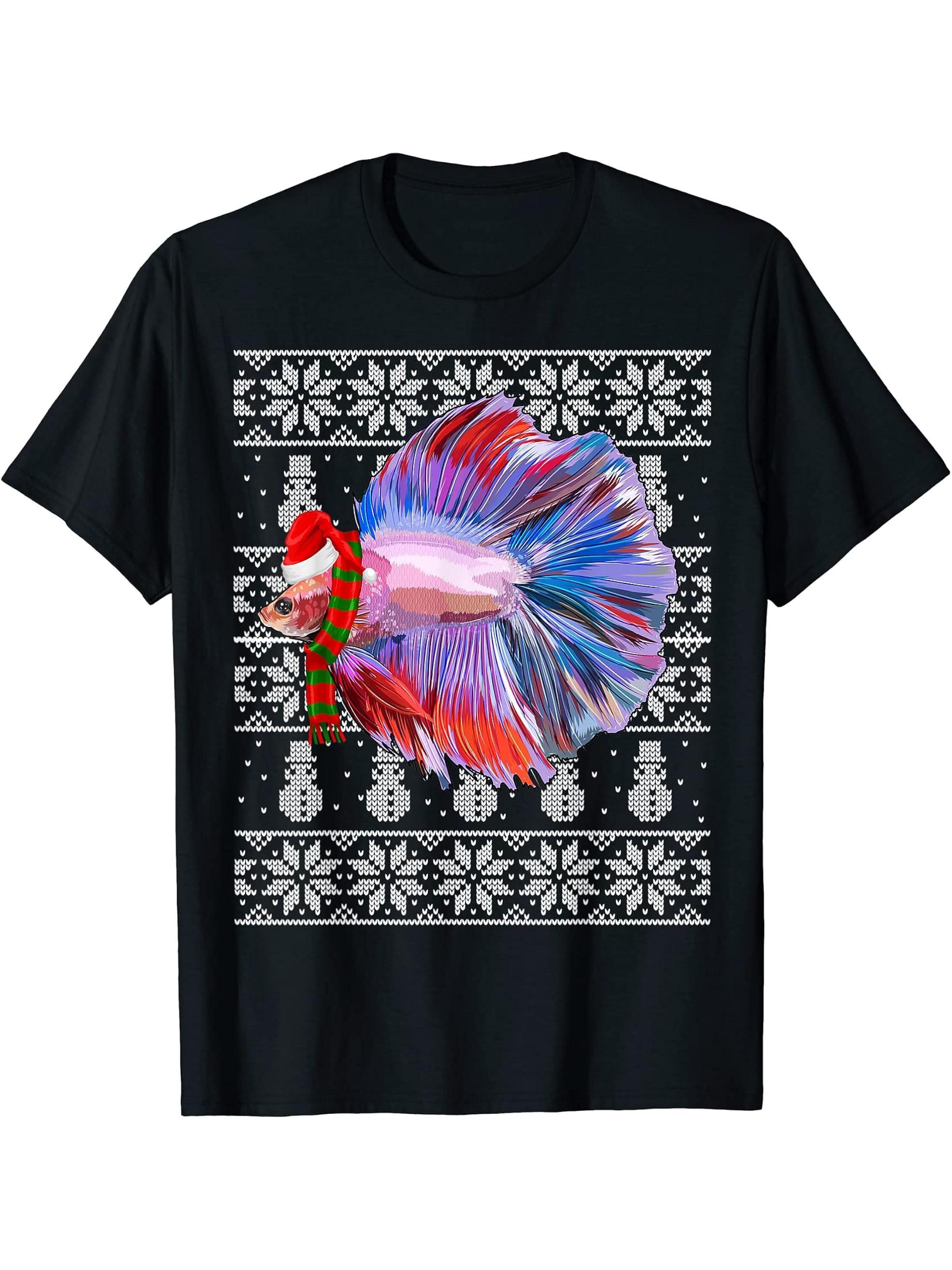 Fish Xmas Santa Hat Betta Fish Ugly Christmas T-Shirt 180G 100% Cotton Printed Round Neck Short-Sleeve T-Shirt, Gifts for Men Dad Husband Grandpa, S-XXXL, Black